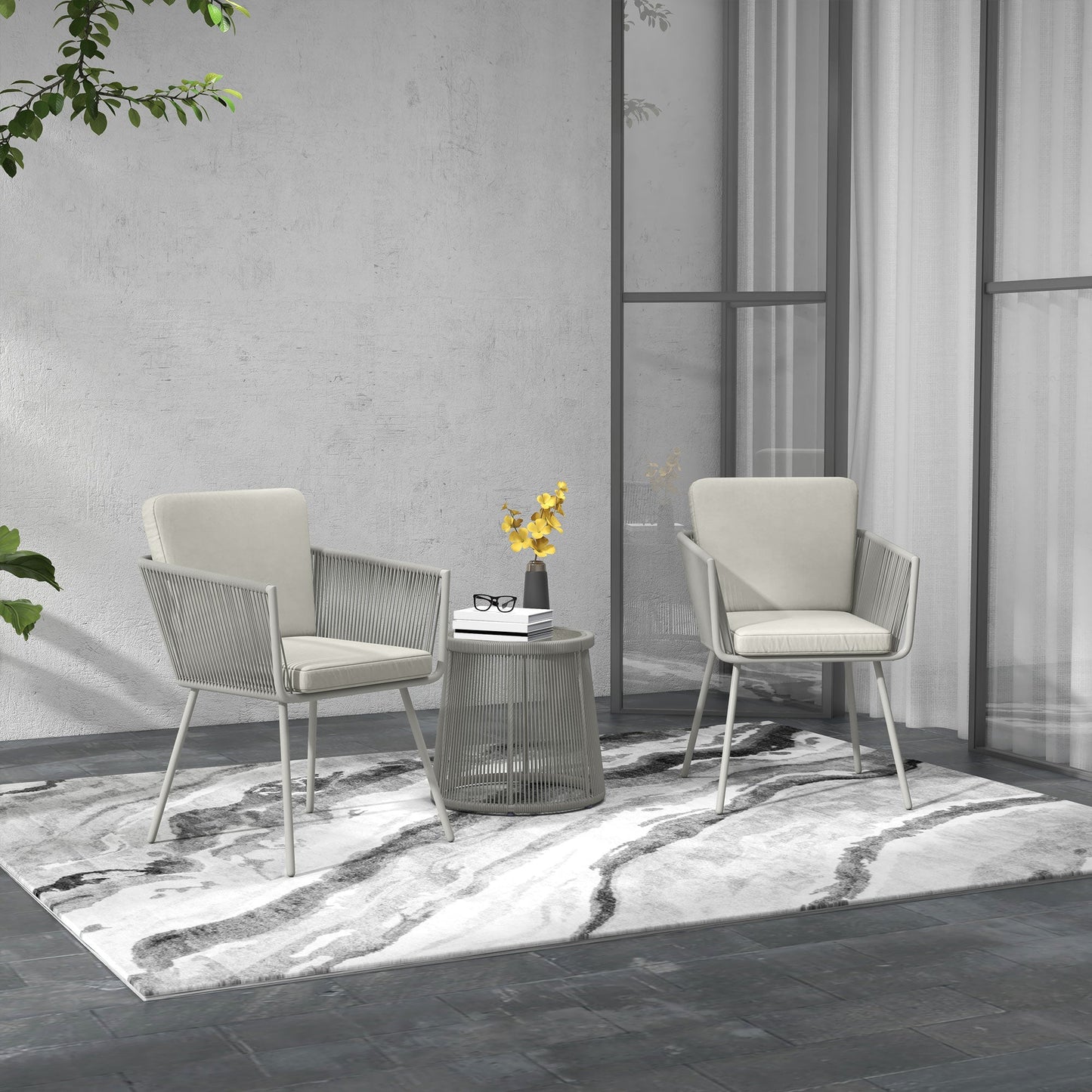 3 Pieces Wicker Patio Furniture Set, Rattan Bistro Set with Coffee Table and Cushions, Outdoor Conversation Set for Garden, Porch, Balcony, Light Grey