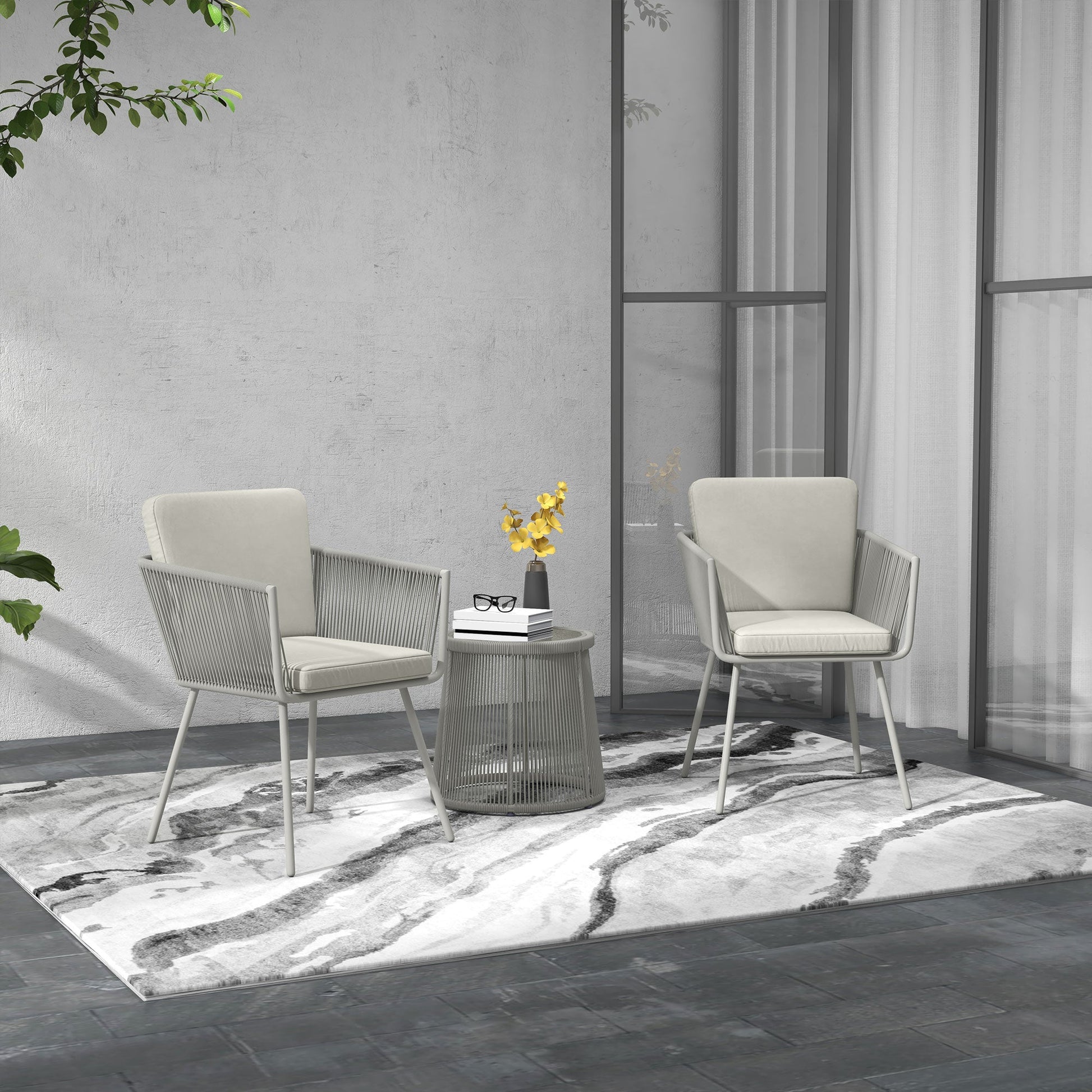 3 Pieces Wicker Patio Furniture Set, Rattan Bistro Set with Coffee Table and Cushions, Outdoor Conversation Set for Garden, Porch, Balcony, Light Grey