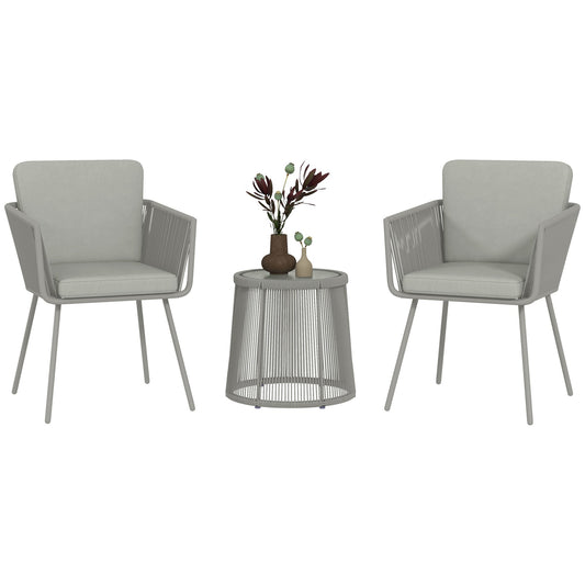 3 Pieces Wicker Patio Furniture Set, Rattan Bistro Set with Coffee Table and Cushions, Outdoor Conversation Set for Garden, Porch, Balcony, Light Grey