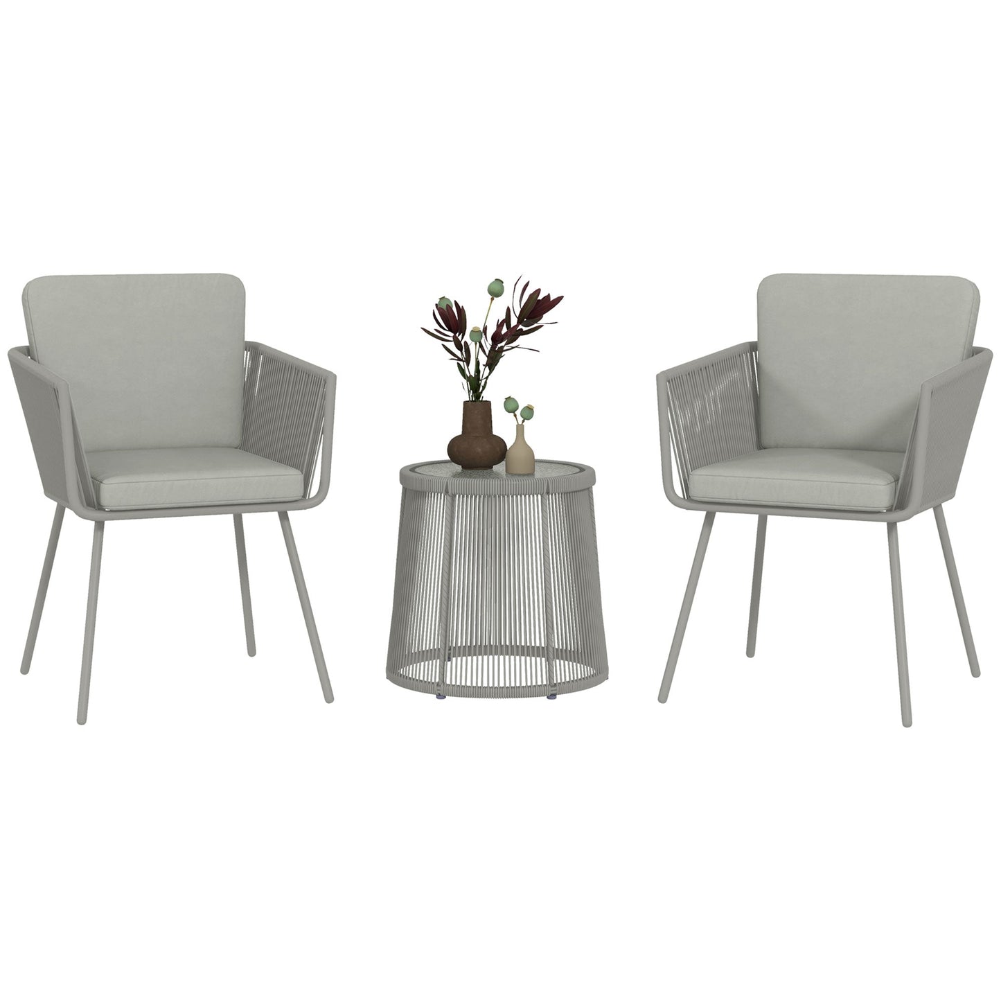 3 Pieces Wicker Patio Furniture Set, Rattan Bistro Set with Coffee Table and Cushions, Outdoor Conversation Set for Garden, Porch, Balcony, Light Grey