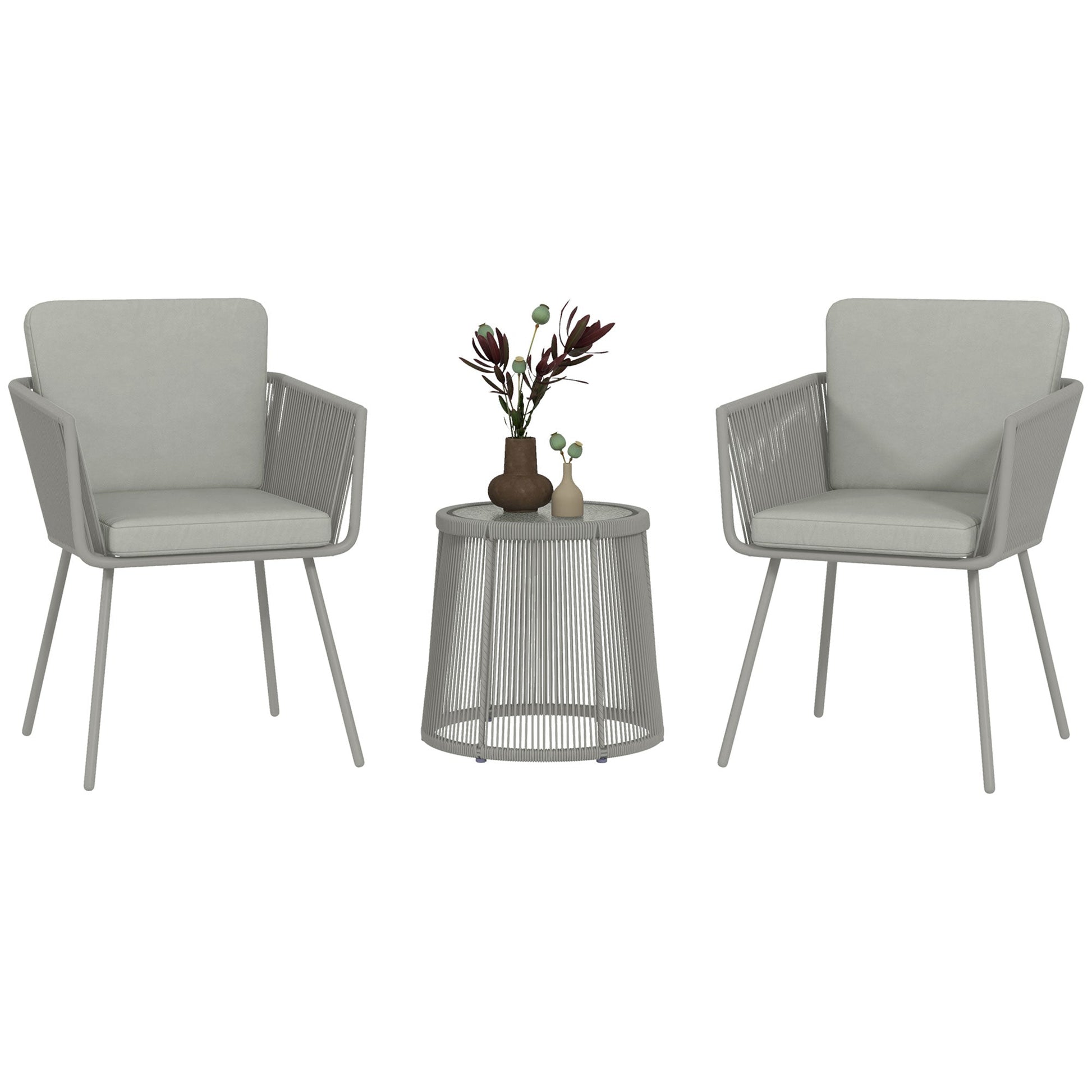 3 Pieces Wicker Patio Furniture Set, Rattan Bistro Set with Coffee Table and Cushions, Outdoor Conversation Set for Garden, Porch, Balcony, Light Grey