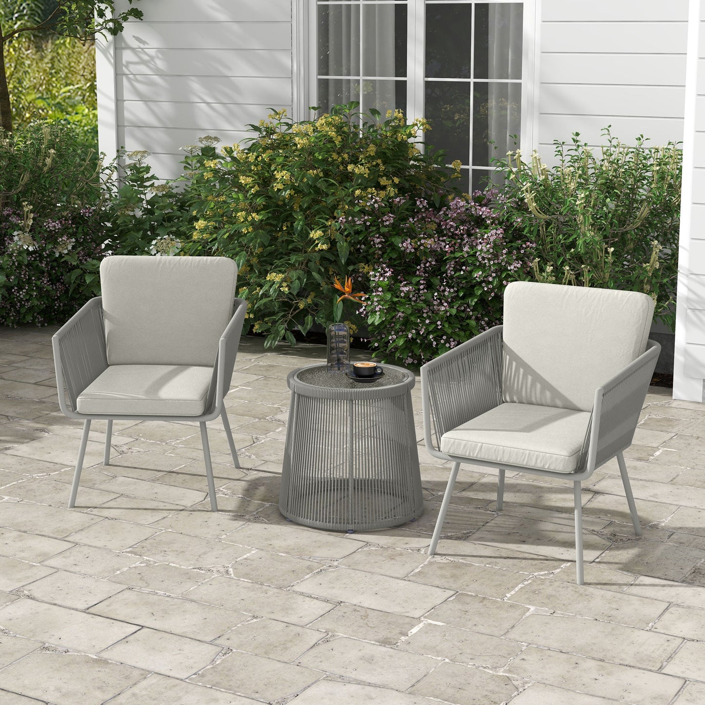 3 Pieces Wicker Patio Furniture Set, Rattan Bistro Set with Coffee Table and Cushions, Outdoor Conversation Set for Garden, Porch, Balcony, Light Grey