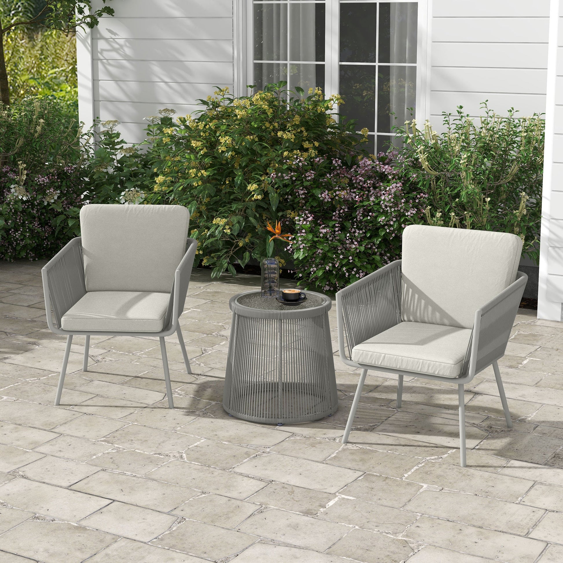 3 Pieces Wicker Patio Furniture Set, Rattan Bistro Set with Coffee Table and Cushions, Outdoor Conversation Set for Garden, Porch, Balcony, Light Grey