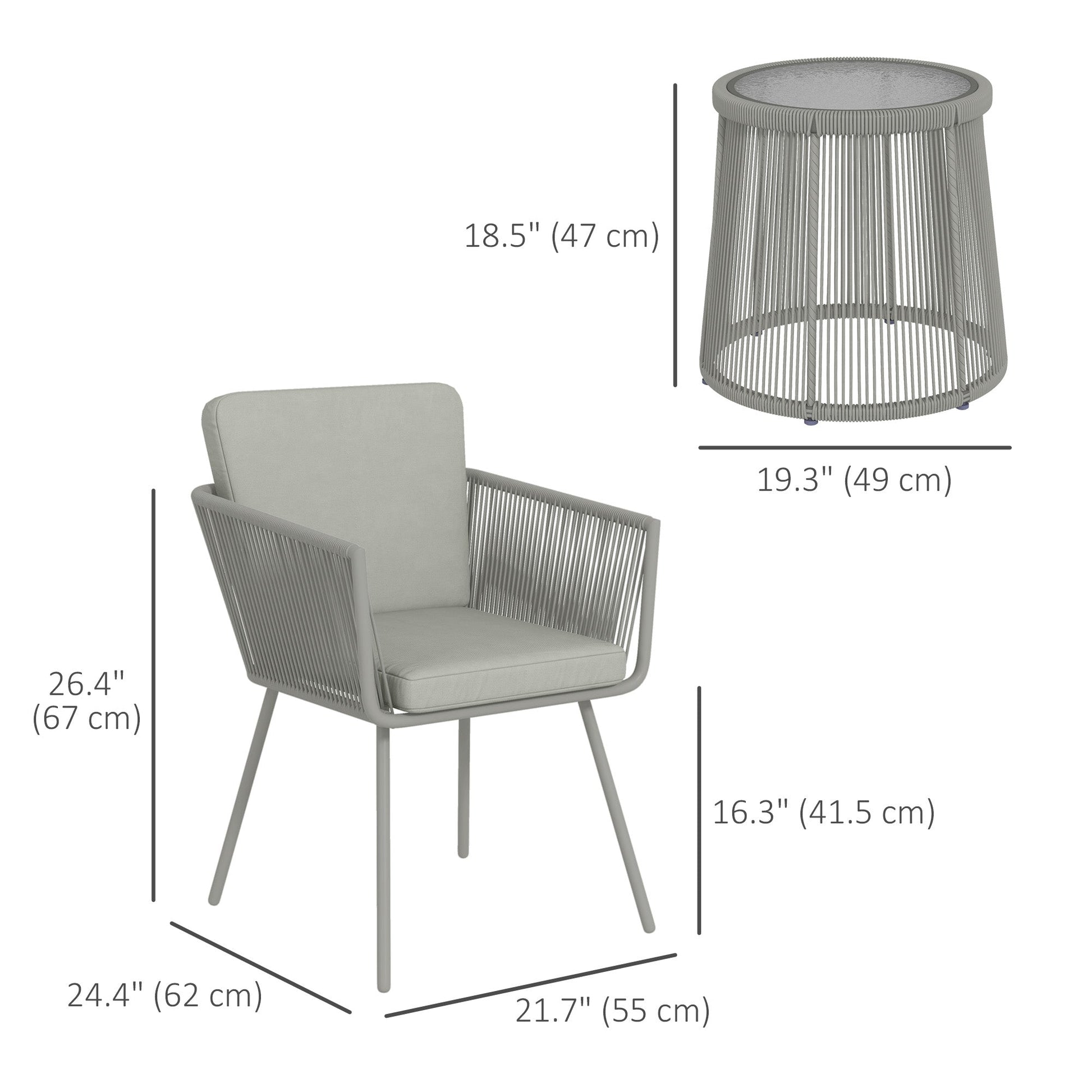 3 Pieces Wicker Patio Furniture Set, Rattan Bistro Set with Coffee Table and Cushions, Outdoor Conversation Set for Garden, Porch, Balcony, Light Grey
