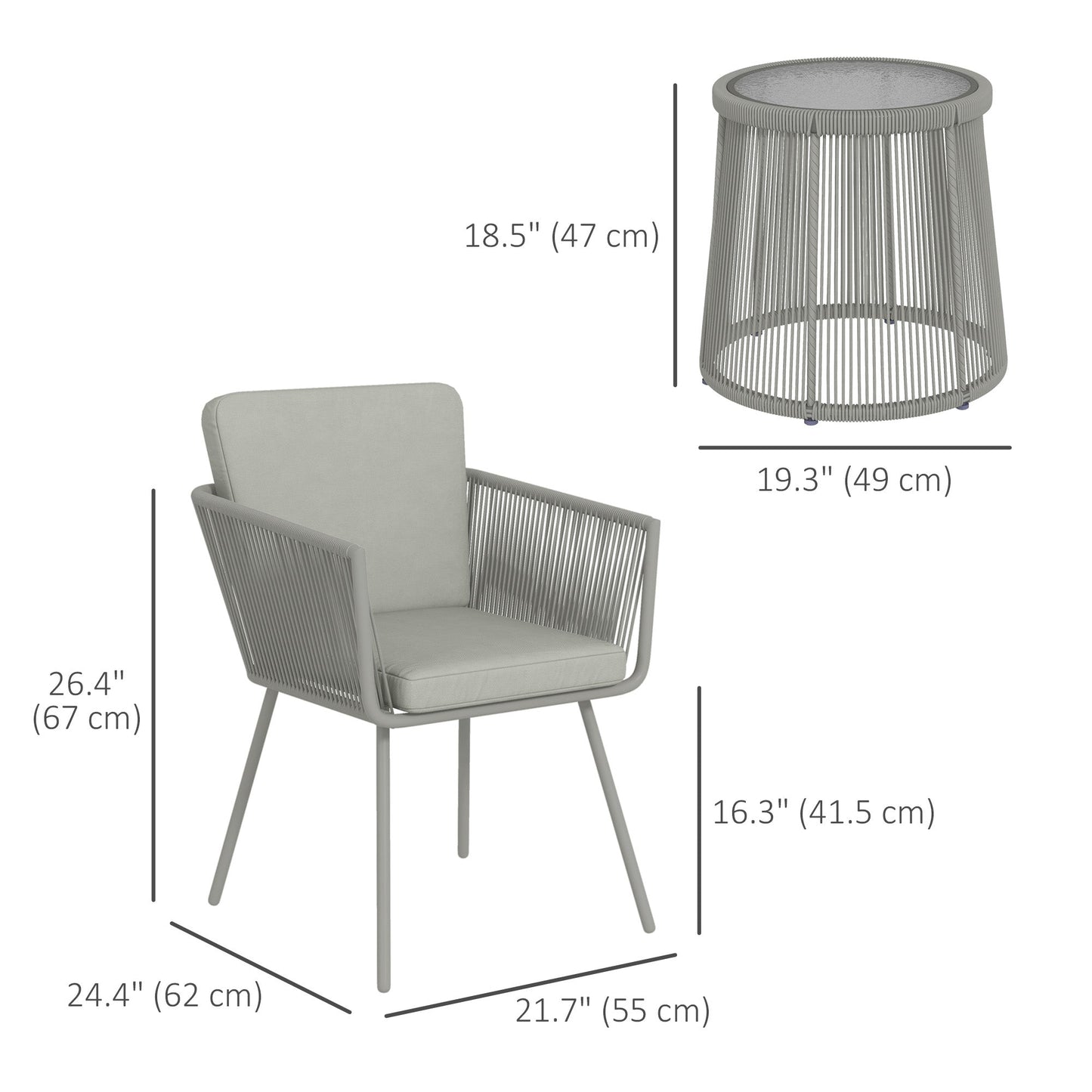 3 Pieces Wicker Patio Furniture Set, Rattan Bistro Set with Coffee Table and Cushions, Outdoor Conversation Set for Garden, Porch, Balcony, Light Grey