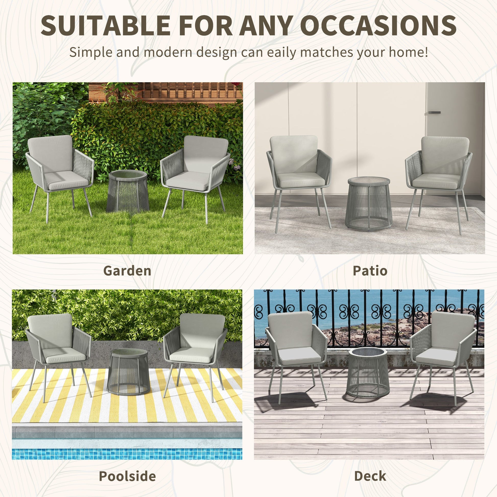 3 Pieces Wicker Patio Furniture Set, Rattan Bistro Set with Coffee Table and Cushions, Outdoor Conversation Set for Garden, Porch, Balcony, Light Grey