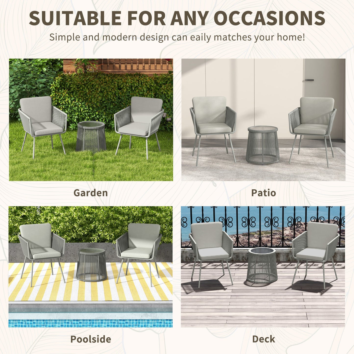 3 Pieces Wicker Patio Furniture Set, Rattan Bistro Set with Coffee Table and Cushions, Outdoor Conversation Set for Garden, Porch, Balcony, Light Grey