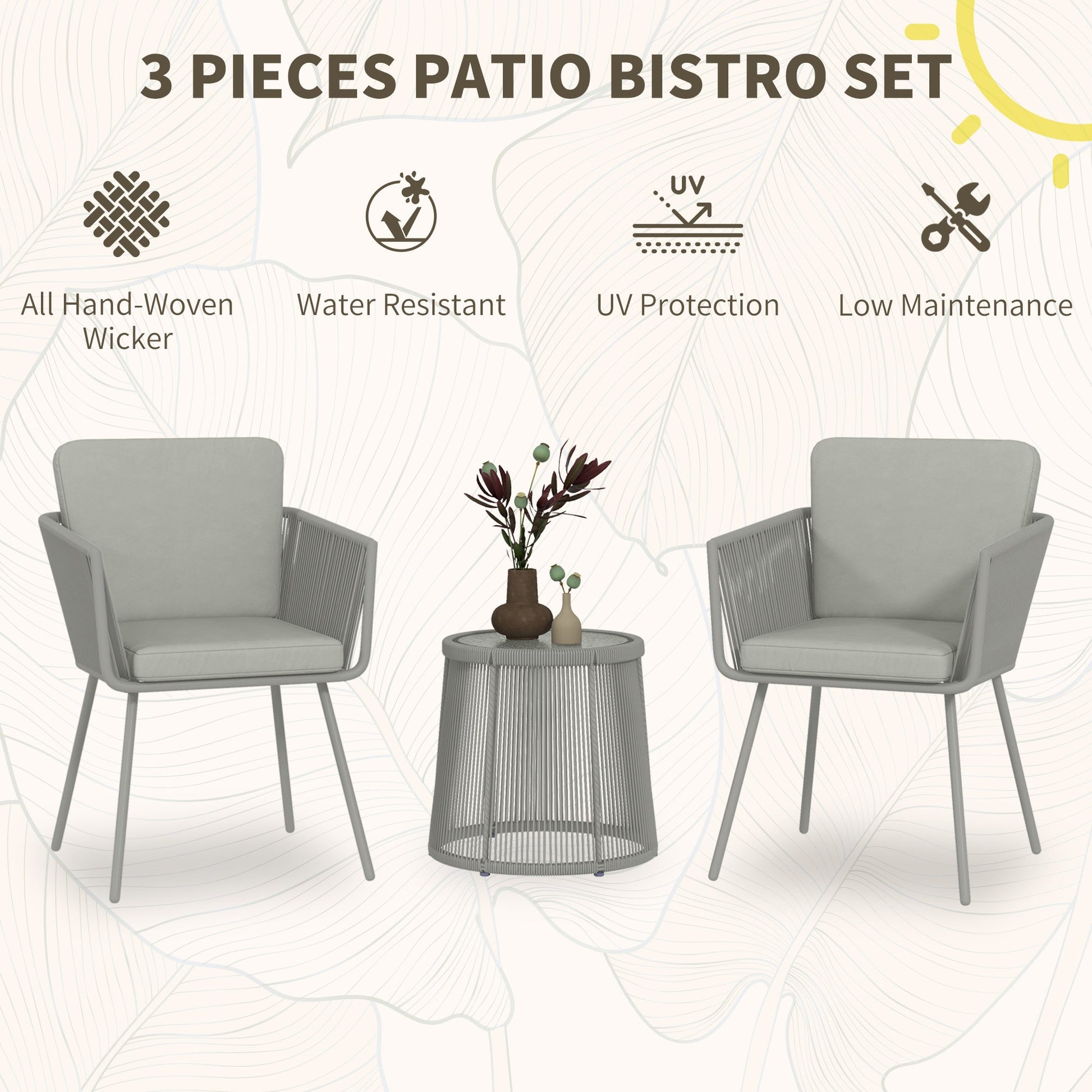 3 Pieces Wicker Patio Furniture Set, Rattan Bistro Set with Coffee Table and Cushions, Outdoor Conversation Set for Garden, Porch, Balcony, Light Grey