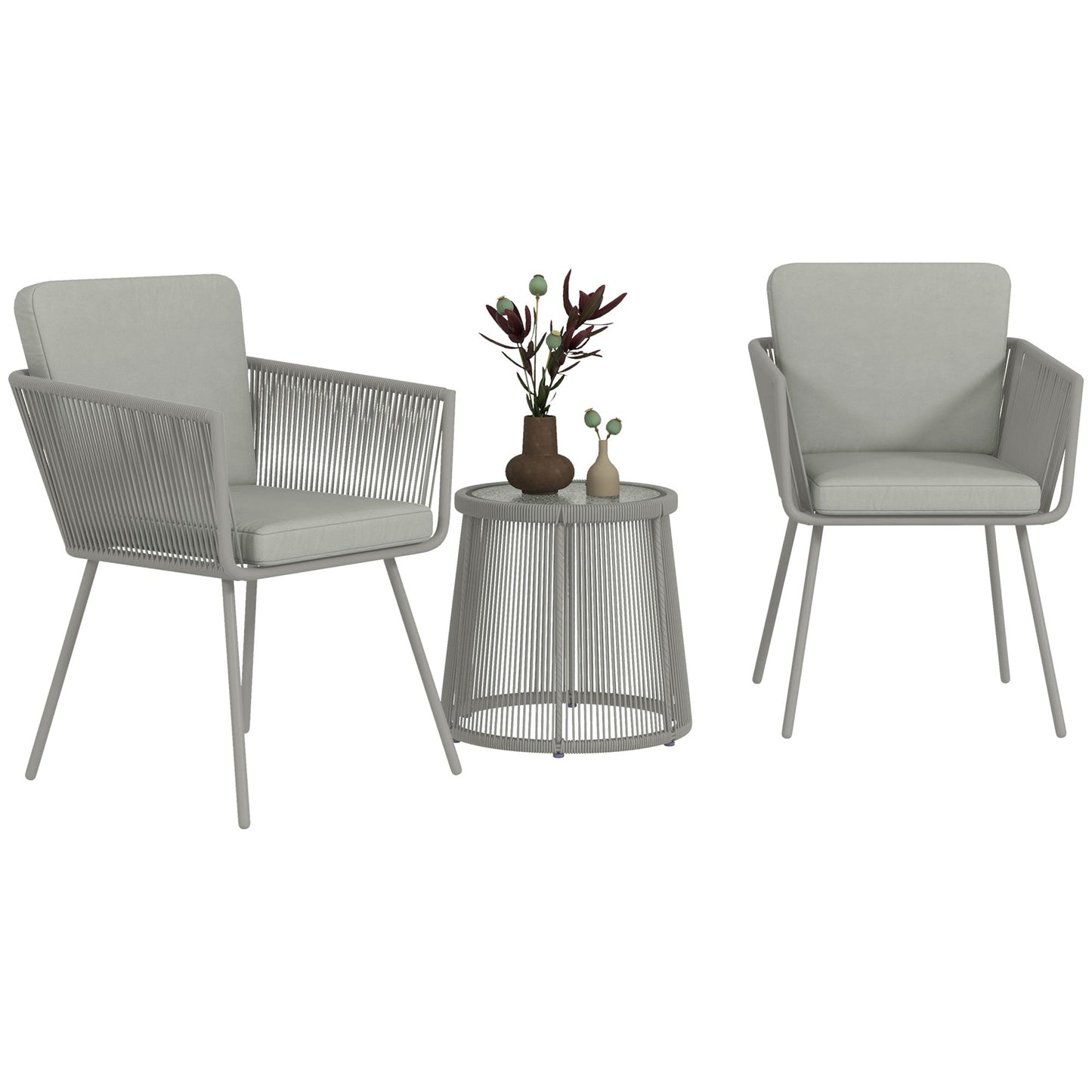 3 Pieces Wicker Patio Furniture Set, Rattan Bistro Set with Coffee Table and Cushions, Outdoor Conversation Set for Garden, Porch, Balcony, Light Grey