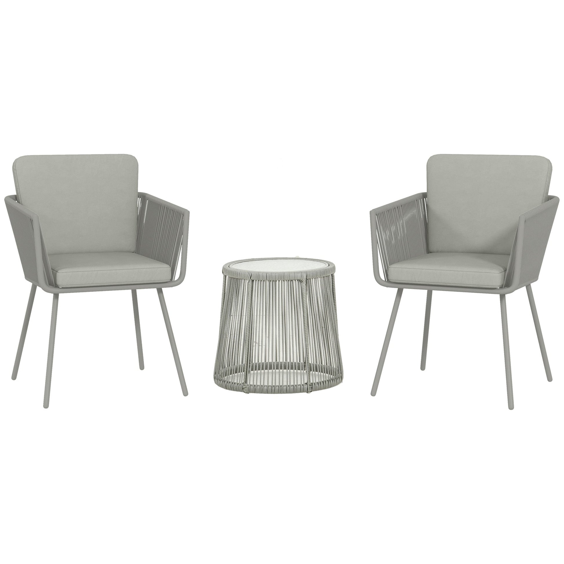 3 Pieces Wicker Patio Furniture Set, Rattan Bistro Set with Coffee Table and Cushions, Outdoor Conversation Set for Garden, Porch, Balcony, Light Grey