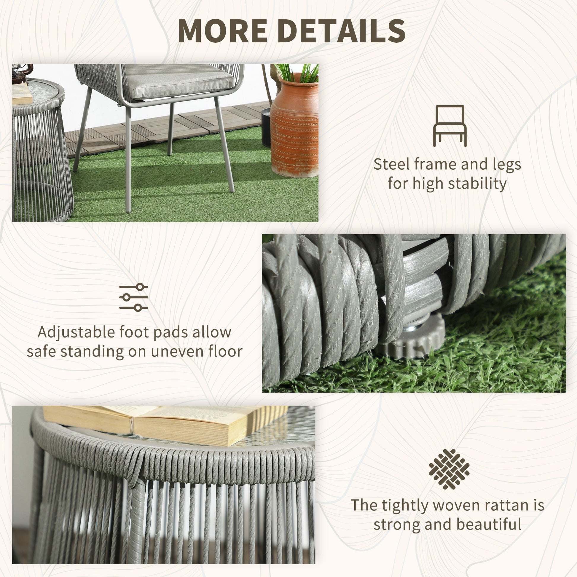 3 Pieces Wicker Patio Furniture Set, Rattan Bistro Set with Coffee Table and Cushions, Outdoor Conversation Set for Garden, Porch, Balcony, Light Grey