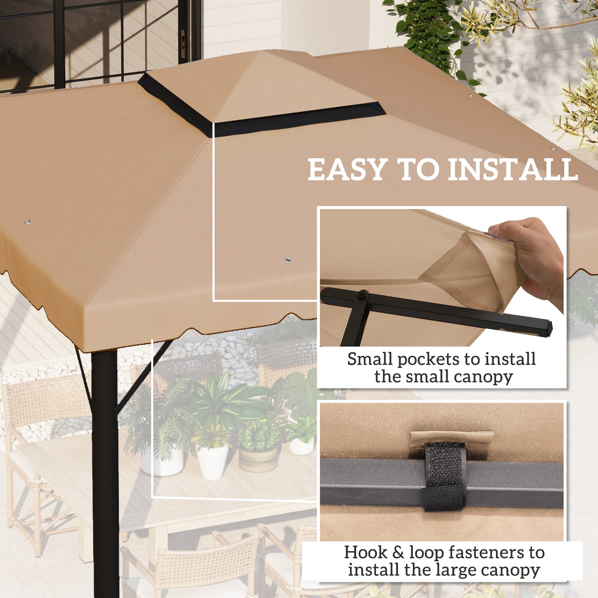 9.8' x 9.8' Gazebo Replacement Canopy, Gazebo Top Cover with Double Vented Roof for Garden Patio Outdoor TOP ONLY, Khaki