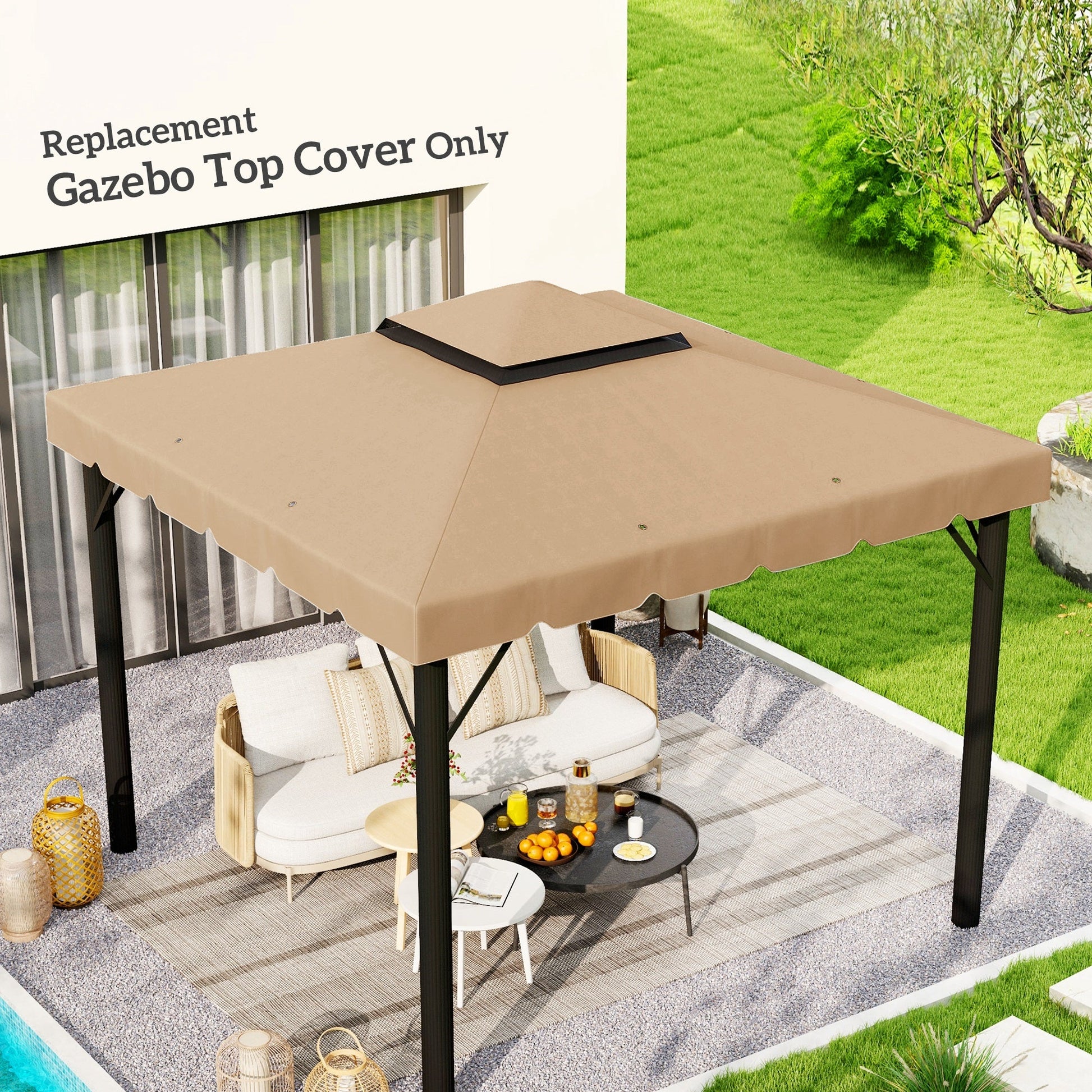 9.8' x 9.8' Gazebo Replacement Canopy, Gazebo Top Cover with Double Vented Roof for Garden Patio Outdoor TOP ONLY, Khaki