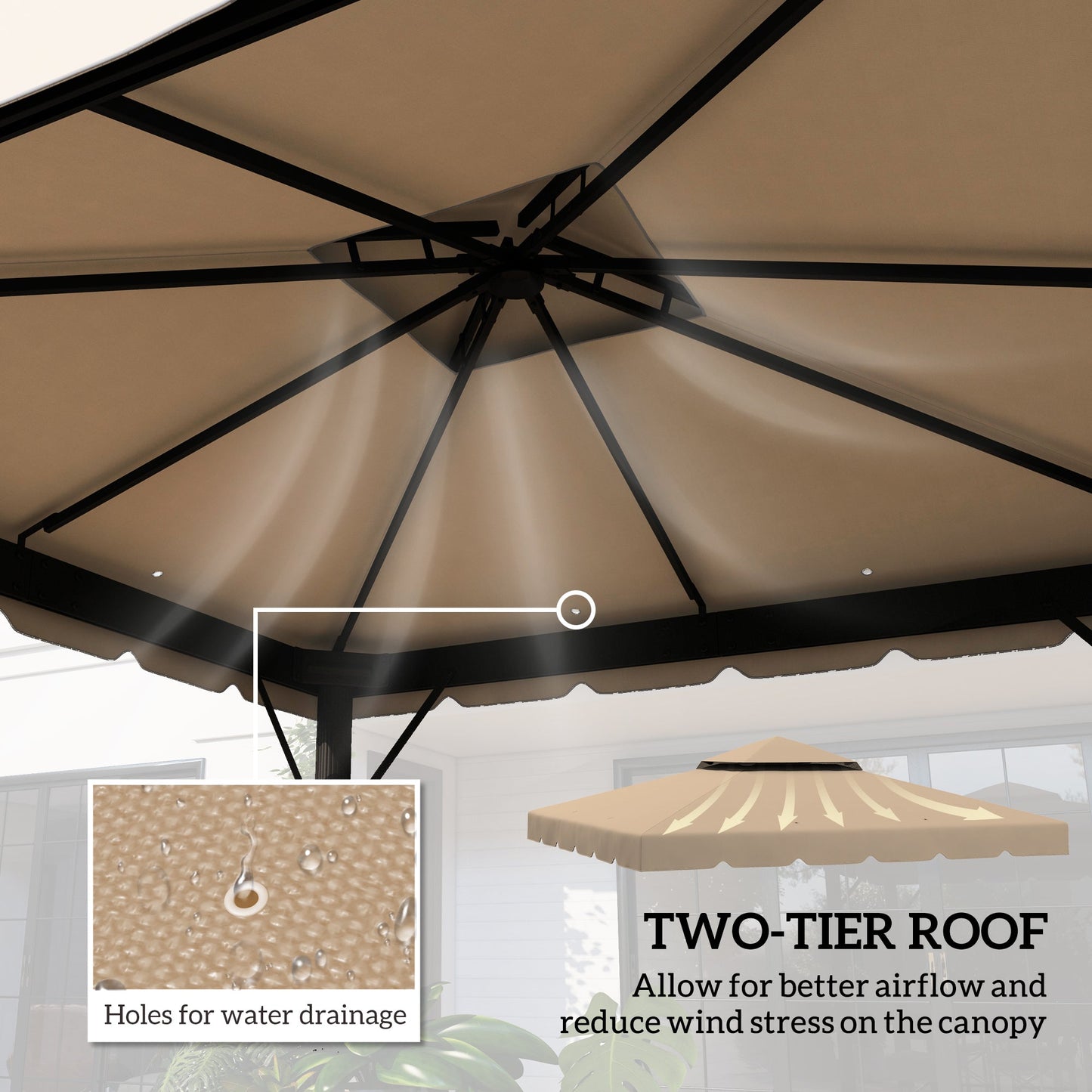 9.8' x 9.8' Gazebo Replacement Canopy, Gazebo Top Cover with Double Vented Roof for Garden Patio Outdoor TOP ONLY, Khaki