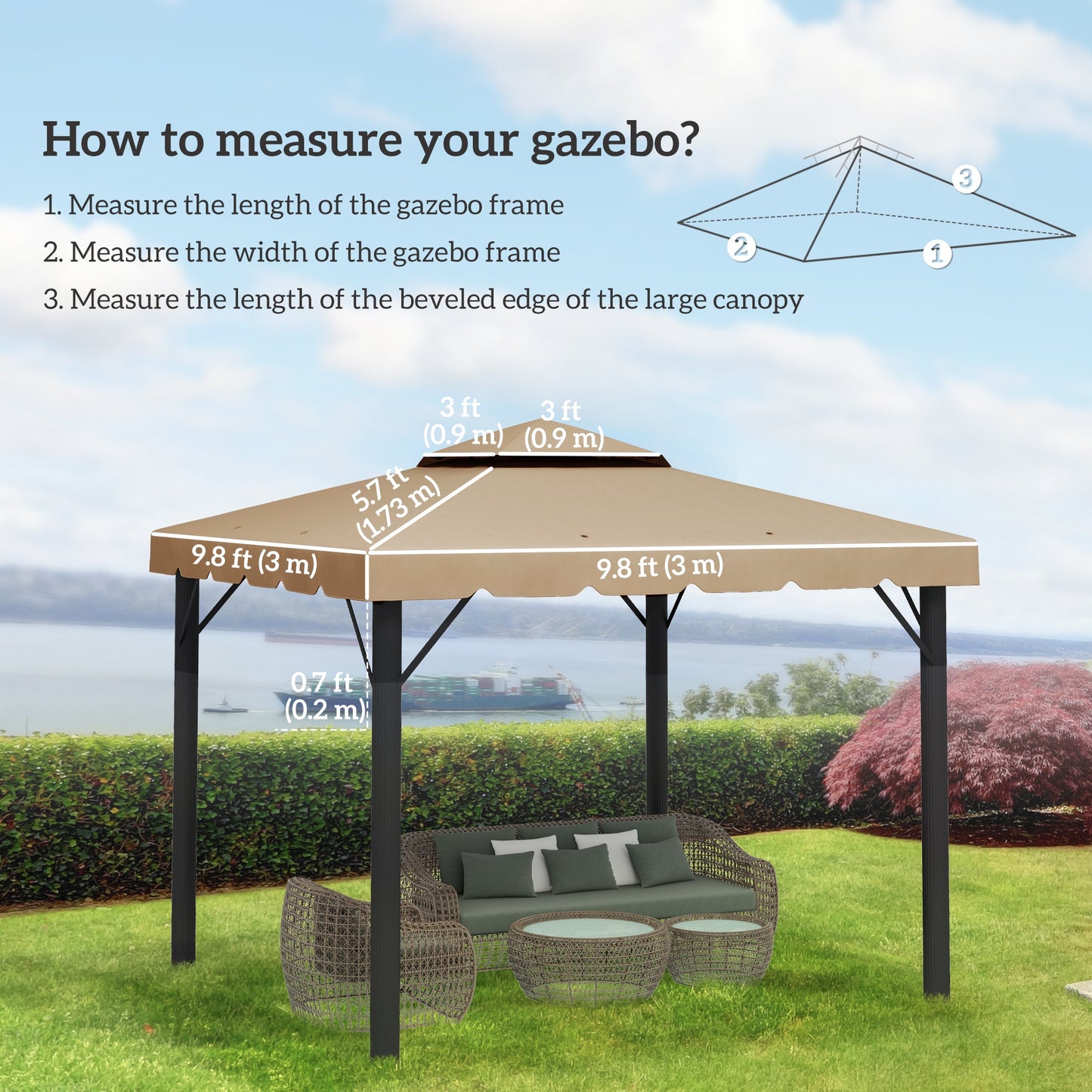 9.8' x 9.8' Gazebo Replacement Canopy, Gazebo Top Cover with Double Vented Roof for Garden Patio Outdoor TOP ONLY, Khaki