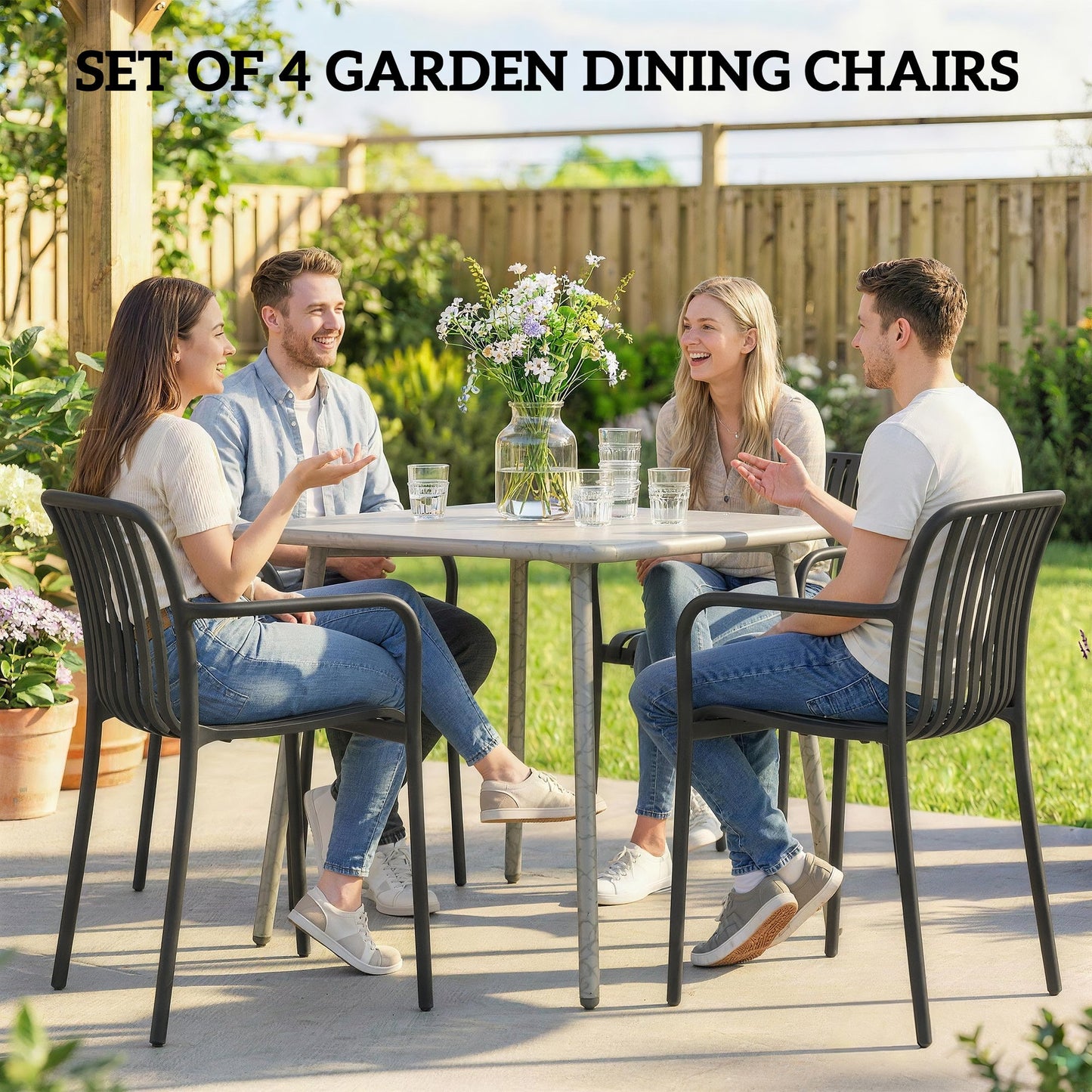 Stackable Patio Chairs Set of 4, Outdoor Patio Dining Chairs with Curved Backrest, Slatted Seat and Armrest for Indoor, Outdoor, Balcony, Deck, Garden,  Plastic, Black