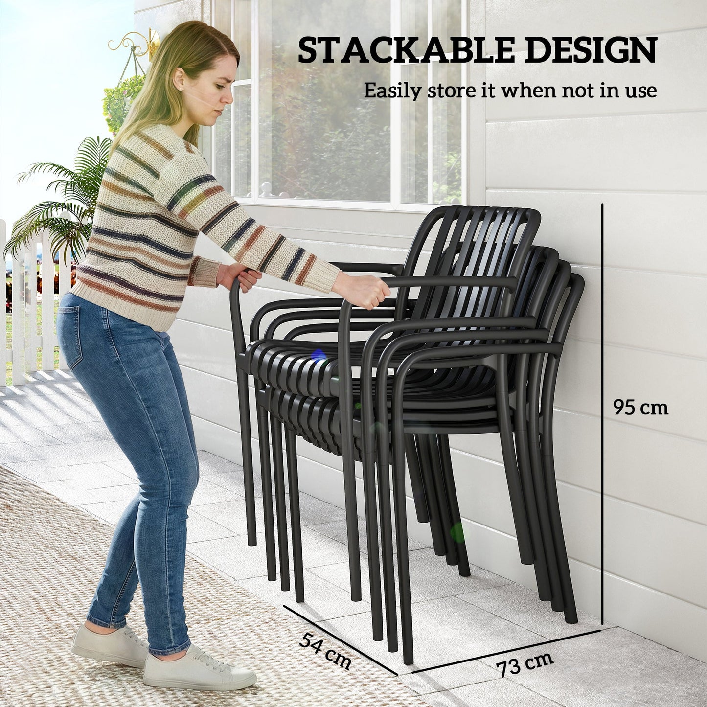 Stackable Patio Chairs Set of 4, Outdoor Patio Dining Chairs with Curved Backrest, Slatted Seat and Armrest for Indoor, Outdoor, Balcony, Deck, Garden,  Plastic, Black