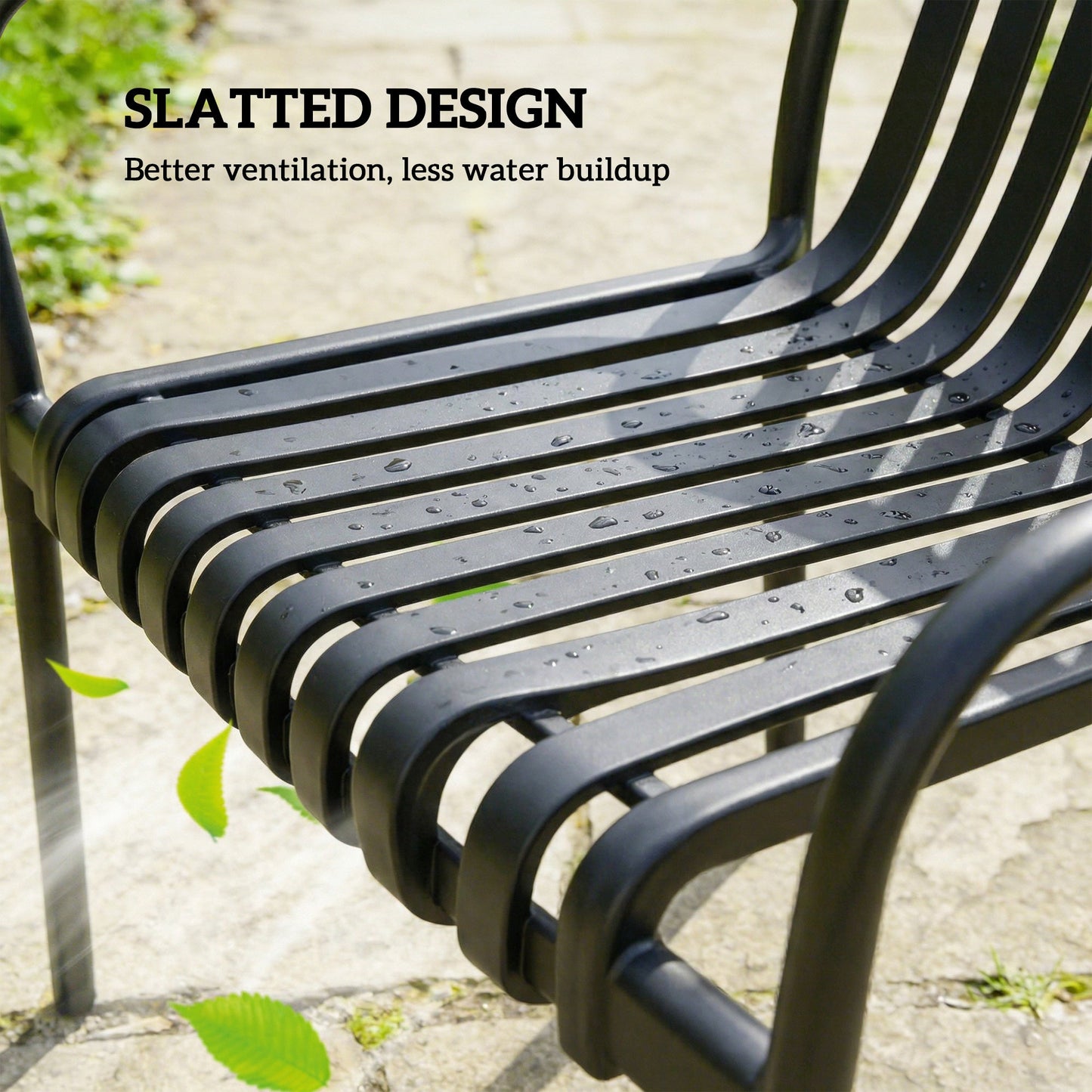 Stackable Patio Chairs Set of 4, Outdoor Patio Dining Chairs with Curved Backrest, Slatted Seat and Armrest for Indoor, Outdoor, Balcony, Deck, Garden,  Plastic, Black
