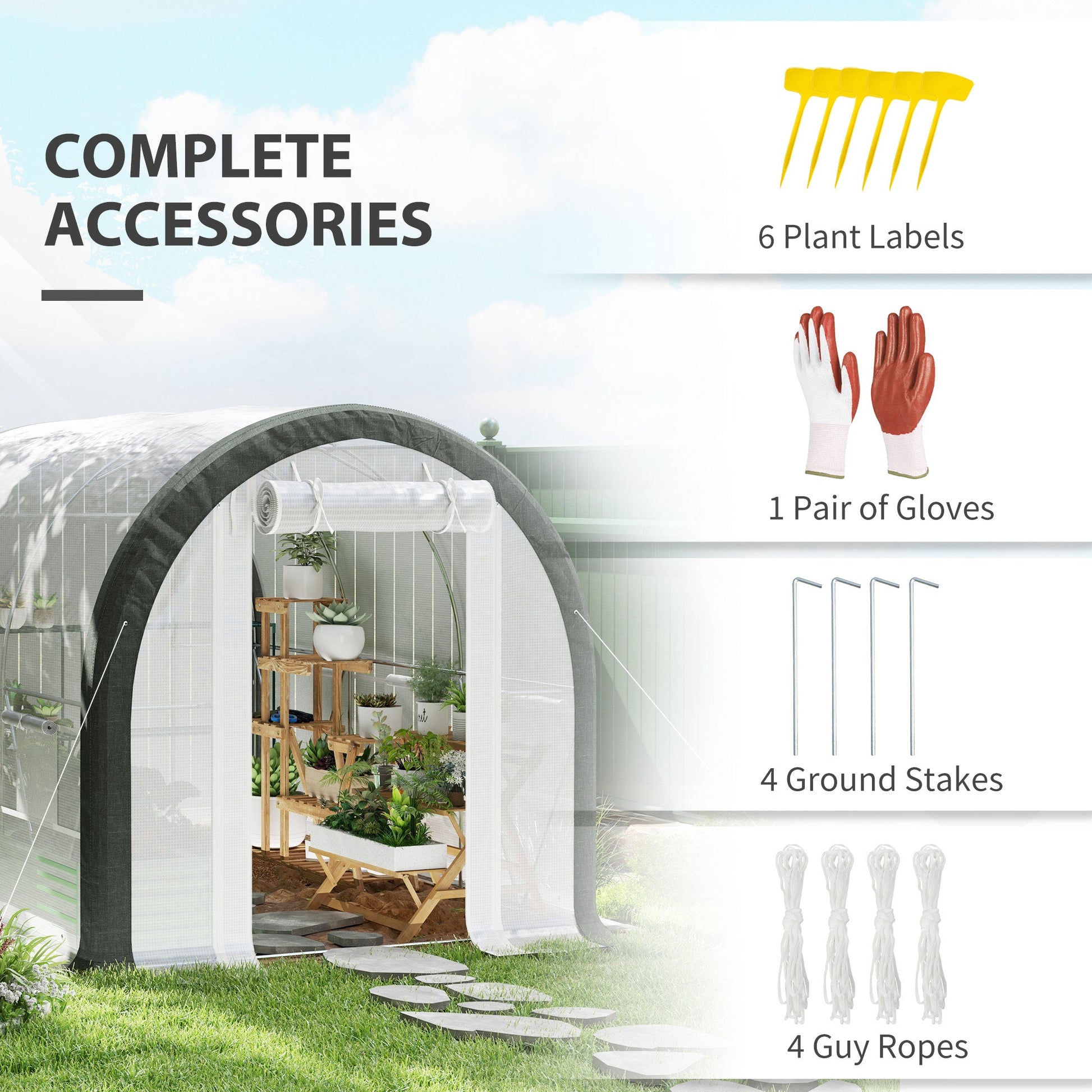 10'x6.6'x6.6' Walk-in Tunnel Greenhouse with Zipped Roll Up Mesh Door, 6 Mesh Windows, Plant Hot House Tent with PE Cover, 6 Plant Labels Gloves, White
