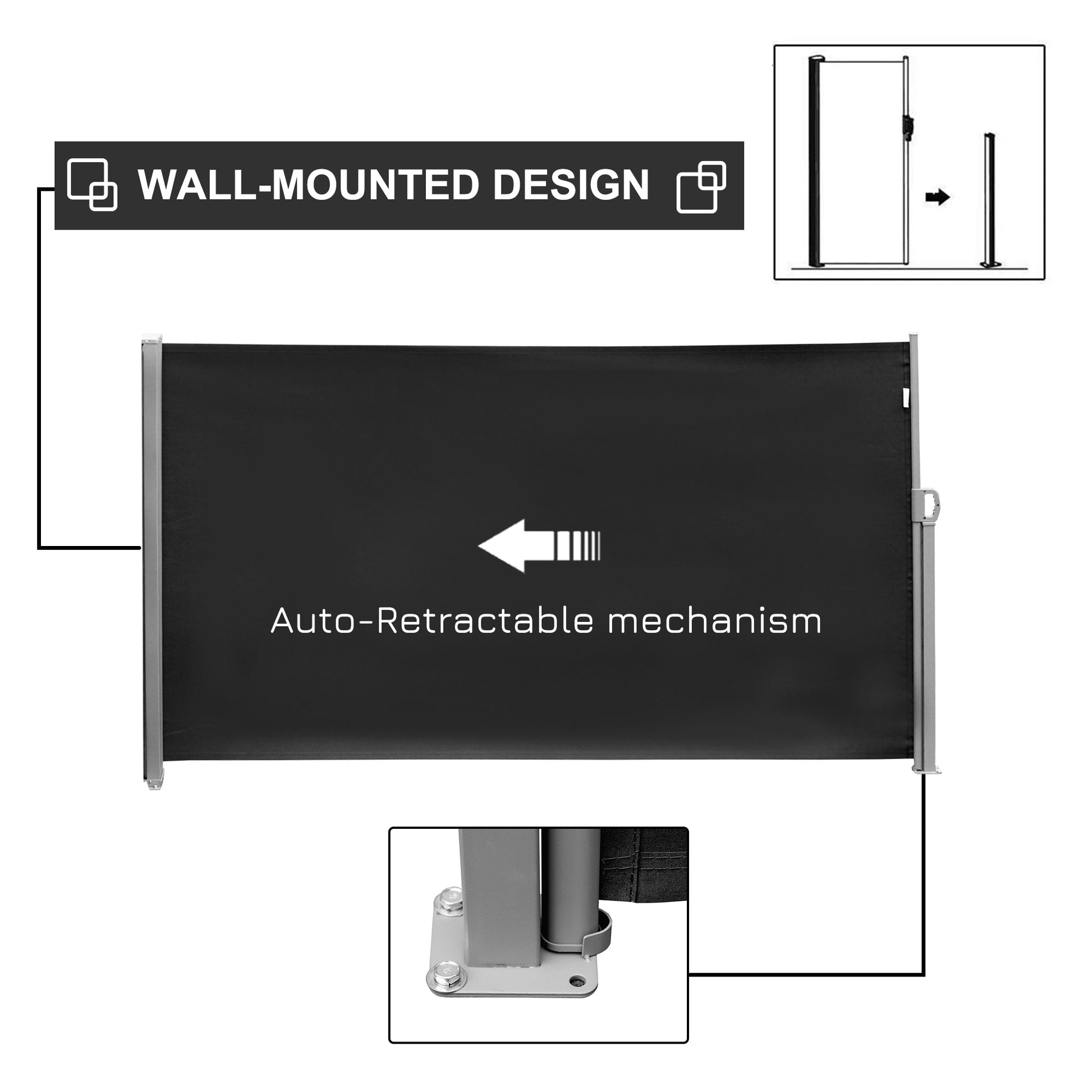 118" x 71" Retractable Side Awning Patio Outdoor Folding Privacy Screen with Resistance to UV Rays & Wind, Black