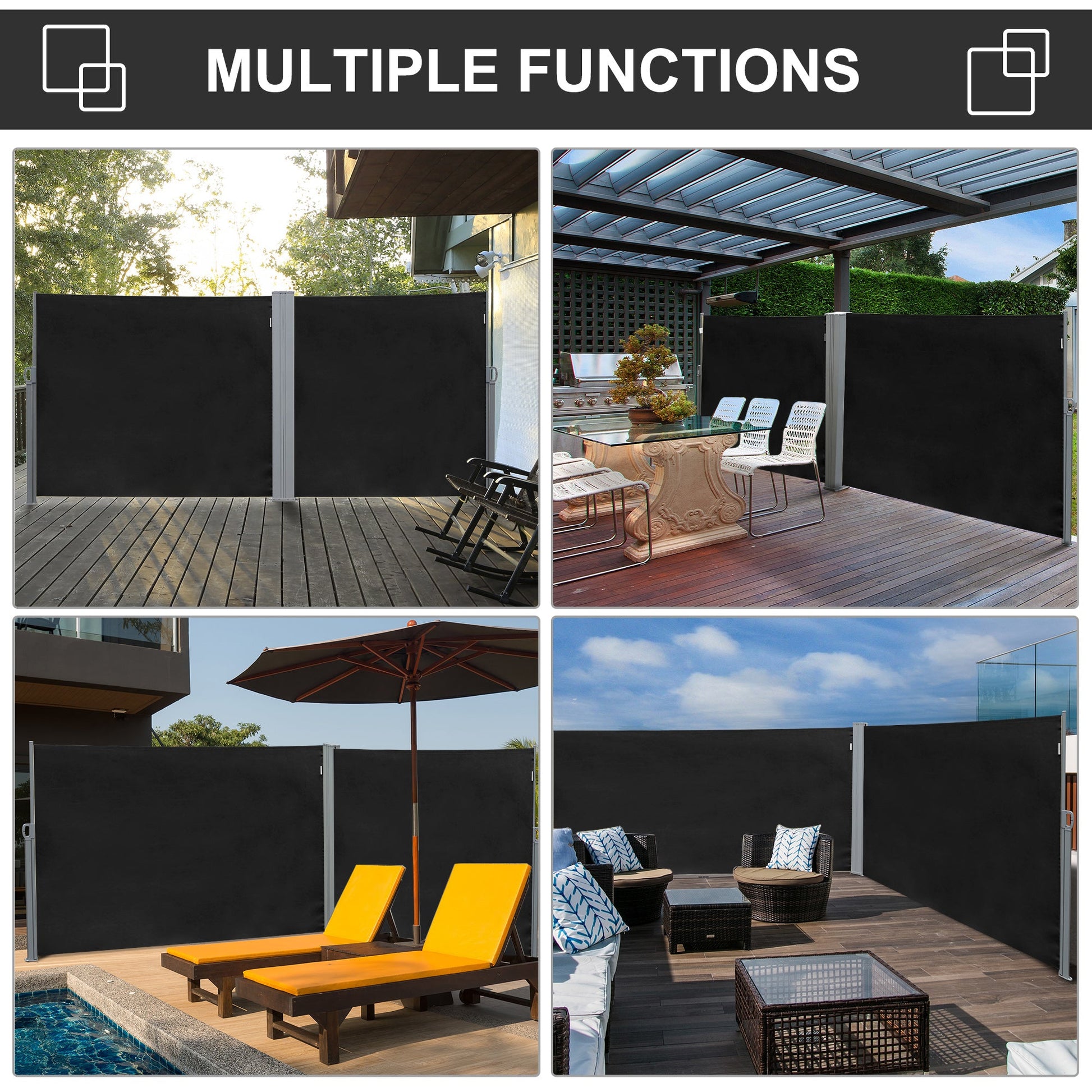 118" x 71" Retractable Side Awning Patio Outdoor Folding Privacy Screen with Resistance to UV Rays & Wind, Black