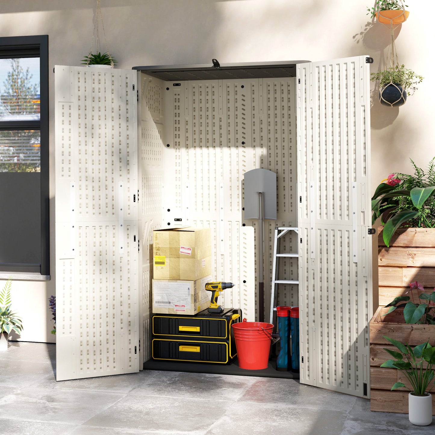 368 Gallon Outdoor Storage Cabinet Deck Box, Waterproof Horizontal Storage Shed with Openable Top and Lockable Doors for Lawnmower, Garbage Bin, Patio Accessories