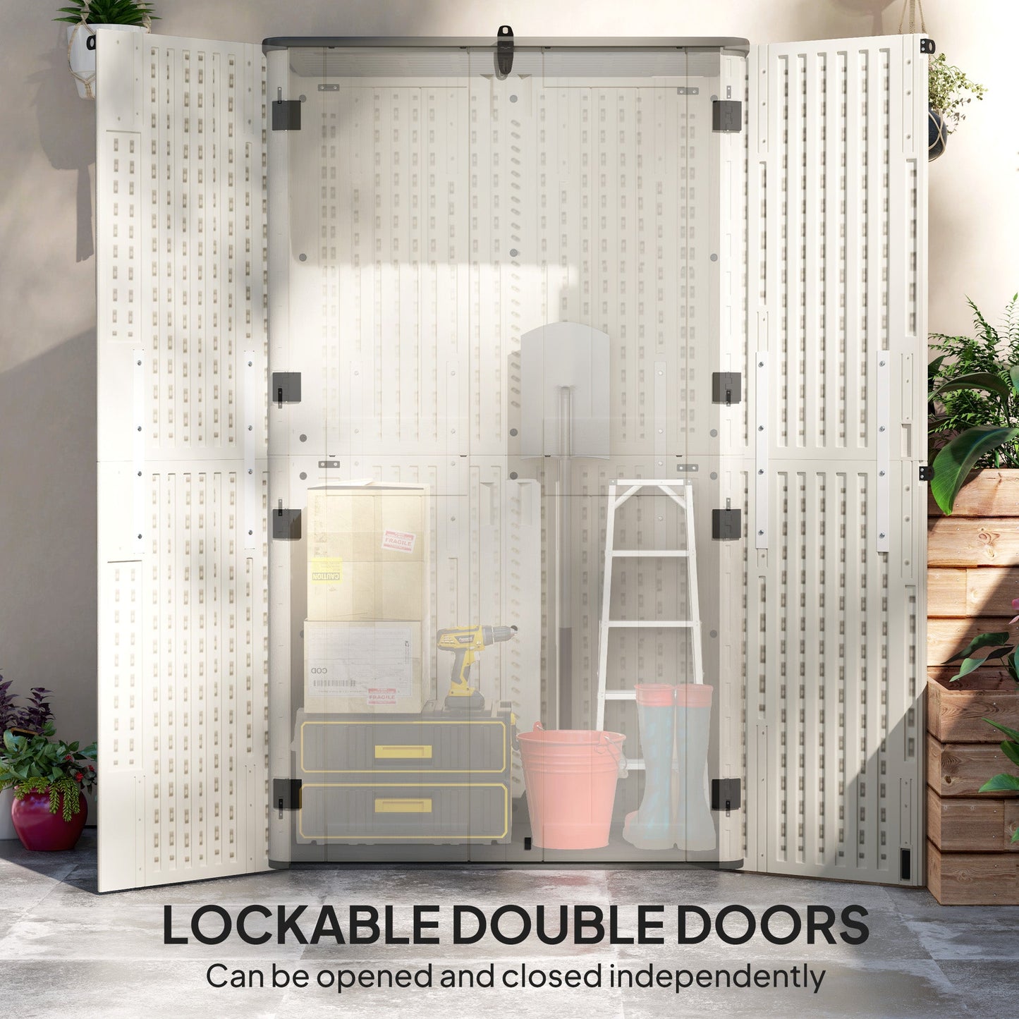 368 Gallon Outdoor Storage Cabinet Deck Box, Waterproof Horizontal Storage Shed with Openable Top and Lockable Doors for Lawnmower, Garbage Bin, Patio Accessories