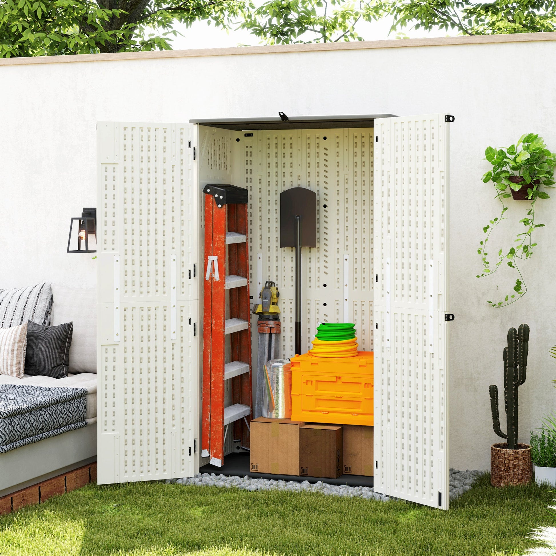 368 Gallon Outdoor Storage Cabinet Deck Box, Waterproof Horizontal Storage Shed with Openable Top and Lockable Doors for Lawnmower, Garbage Bin, Patio Accessories