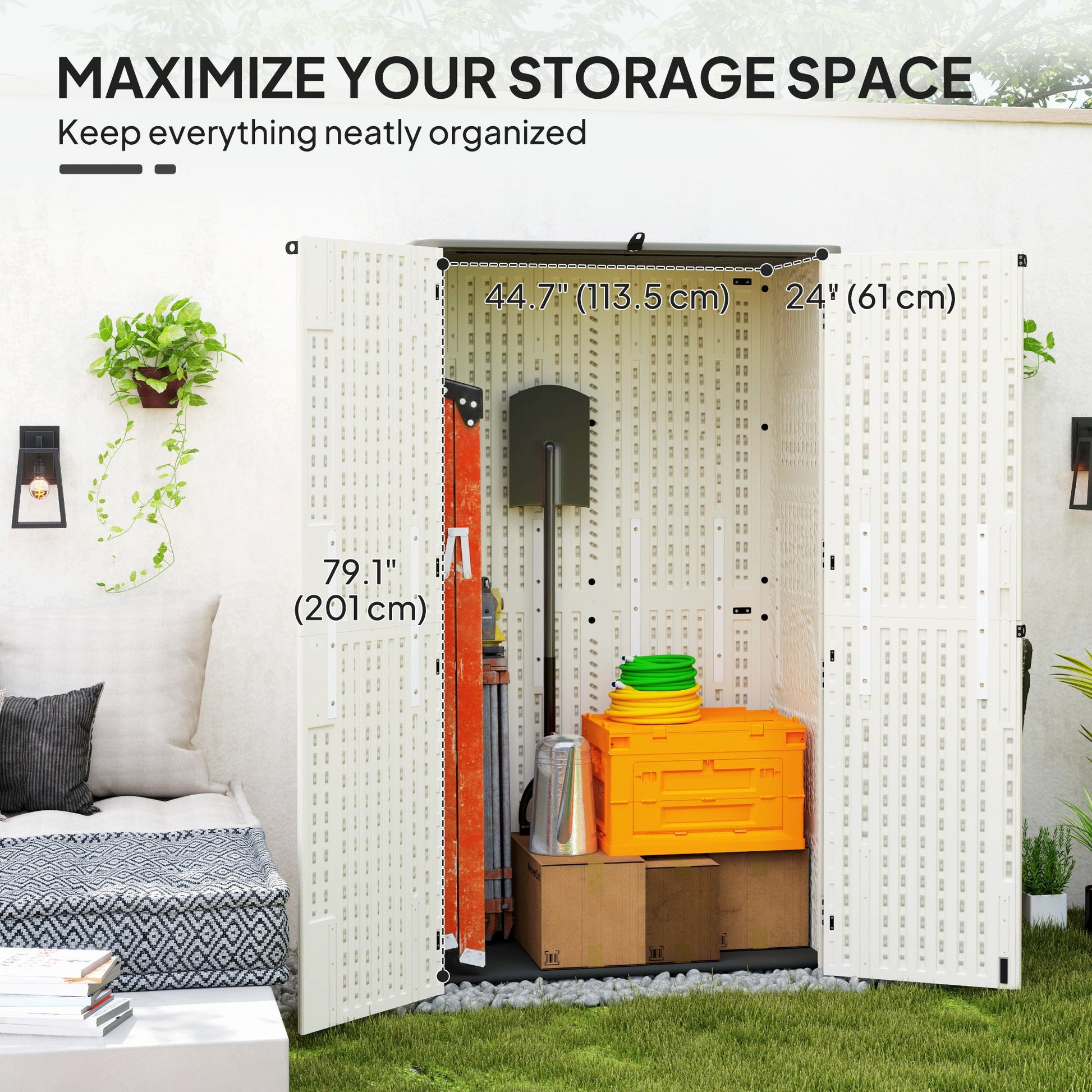 368 Gallon Outdoor Storage Cabinet Deck Box, Waterproof Horizontal Storage Shed with Openable Top and Lockable Doors for Lawnmower, Garbage Bin, Patio Accessories