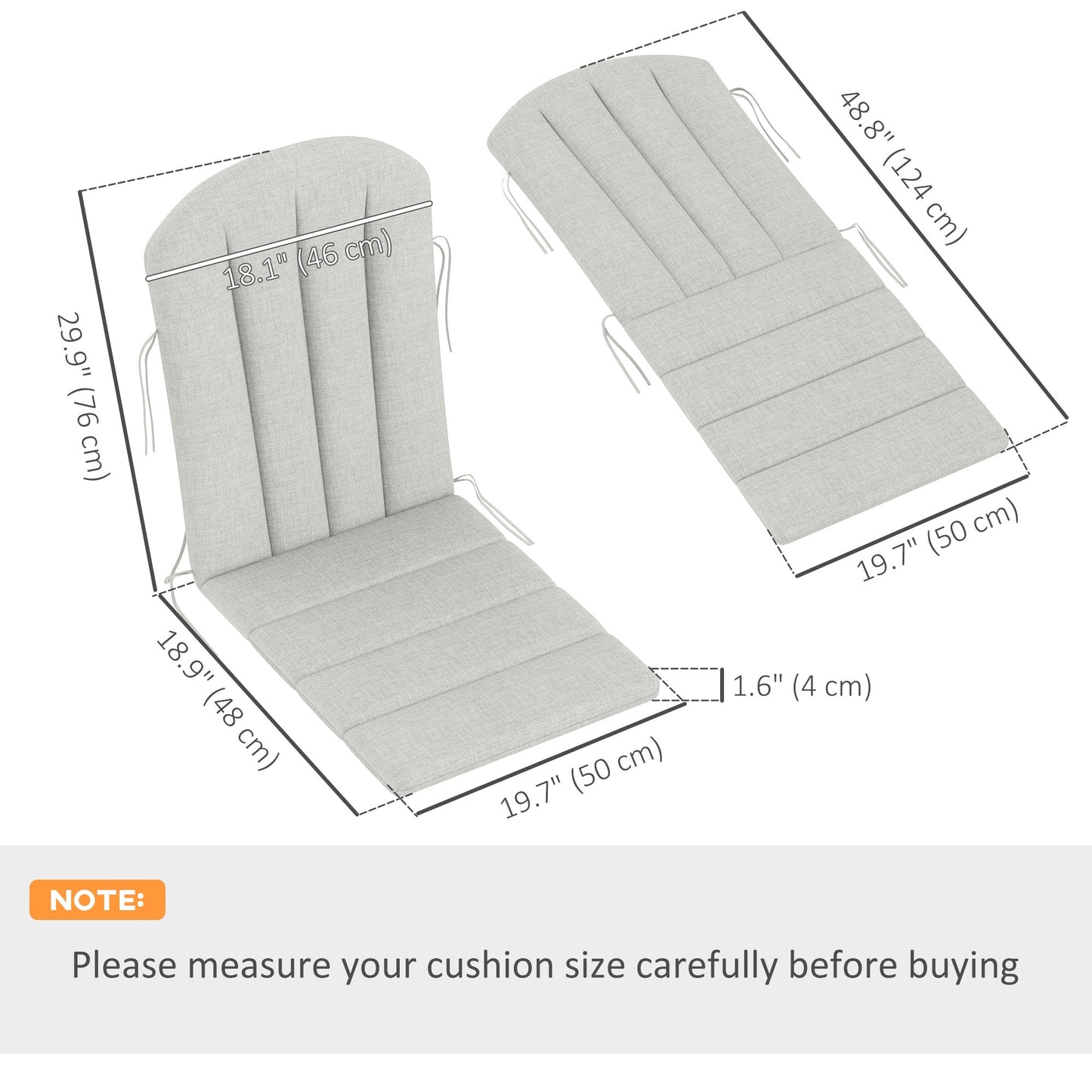 Adirondack Chair Cushion Set of 2, Outdoor Chair Cushions, High Back Patio Chair Cushions with Ties, Non-Slip Replacement Seat Cushion for Patio Furniture, Light Grey