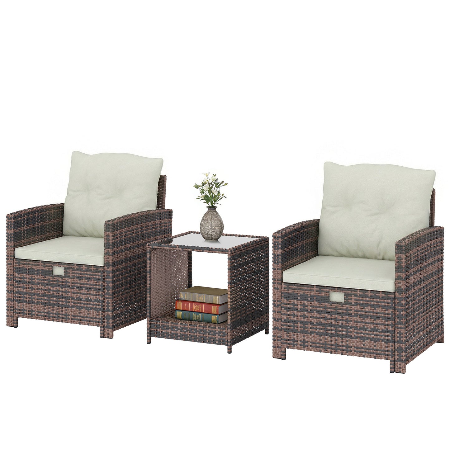 5 Piece Patio Furniture Set, Wicker Patio Chairs with Ottomans, 2-Tier Glass Coffee Table, Cushions, Outdoor Patio Furniture Conversation Set for Balcony, Brown/Cream