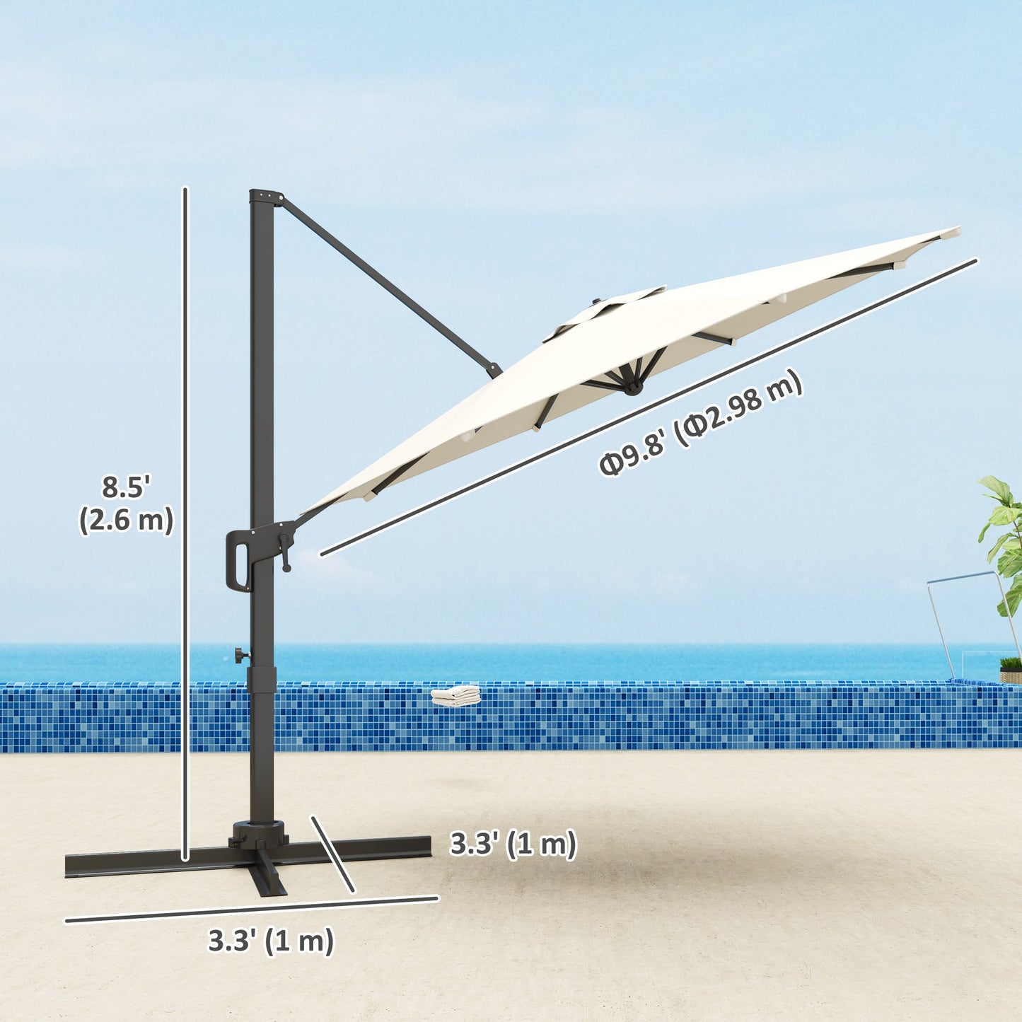 10' Cantilever Patio Umbrella with 360° Rotation and Tilt Adjustment, Hanging Offset Outdoor Umbrella with Aluminium Pole Polyester Shade for Garden Deck Pool, Cream White