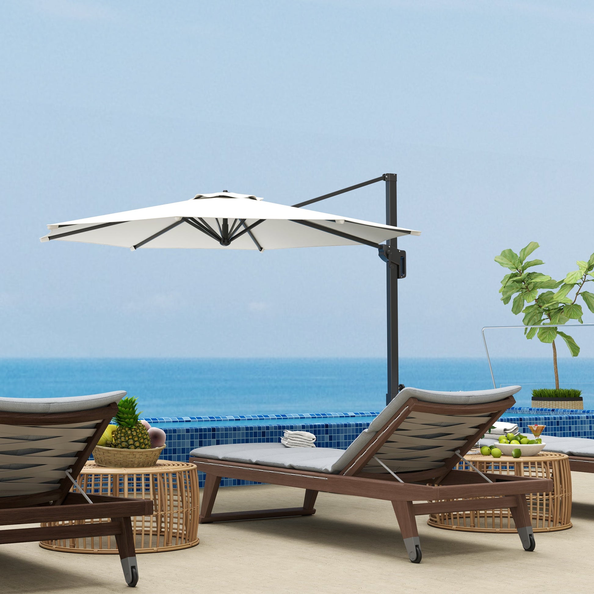 10' Cantilever Patio Umbrella with 360° Rotation and Tilt Adjustment, Hanging Offset Outdoor Umbrella with Aluminium Pole Polyester Shade for Garden Deck Pool, Cream White