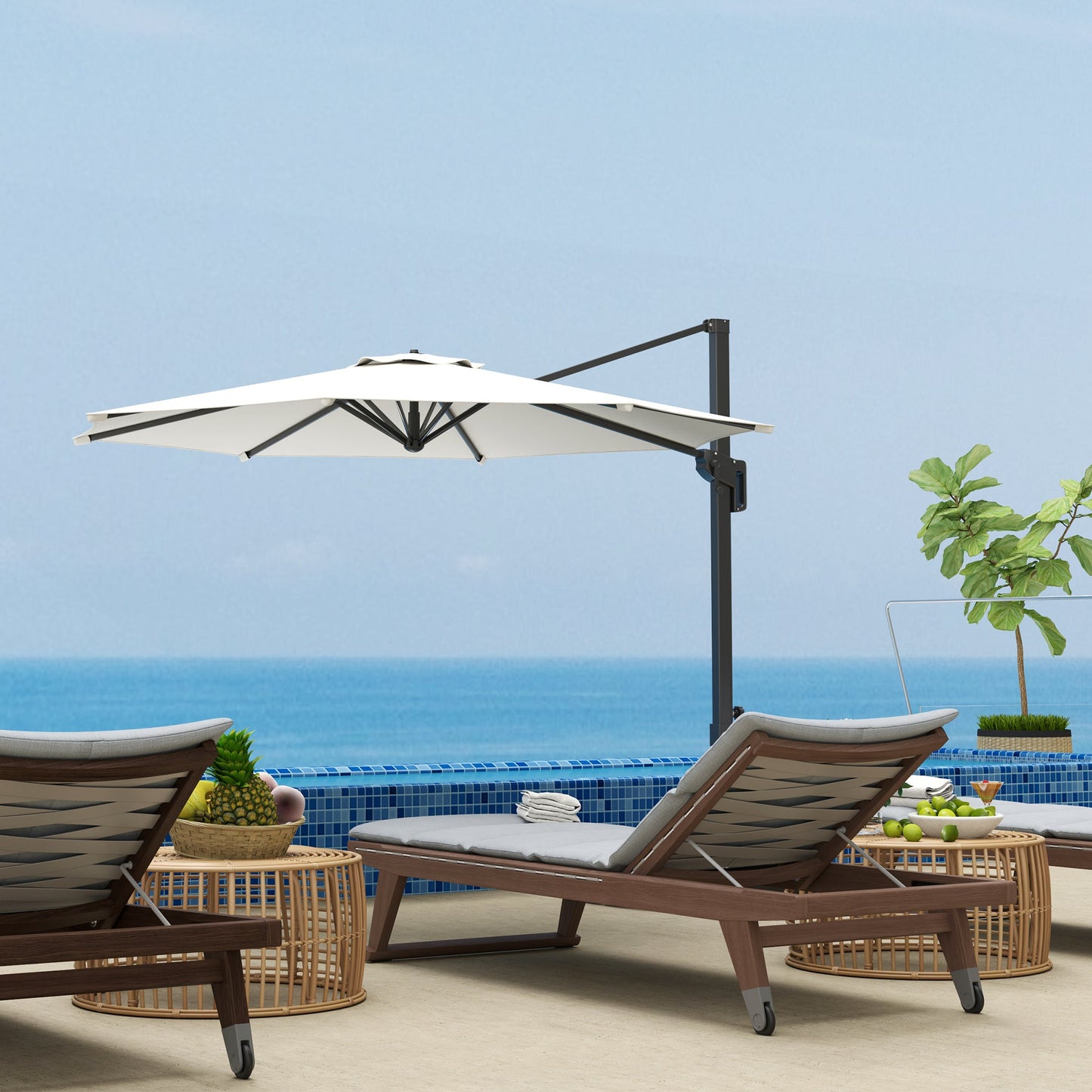 10' Cantilever Patio Umbrella with 360° Rotation and Tilt Adjustment, Hanging Offset Outdoor Umbrella with Aluminium Pole Polyester Shade for Garden Deck Pool, Cream White