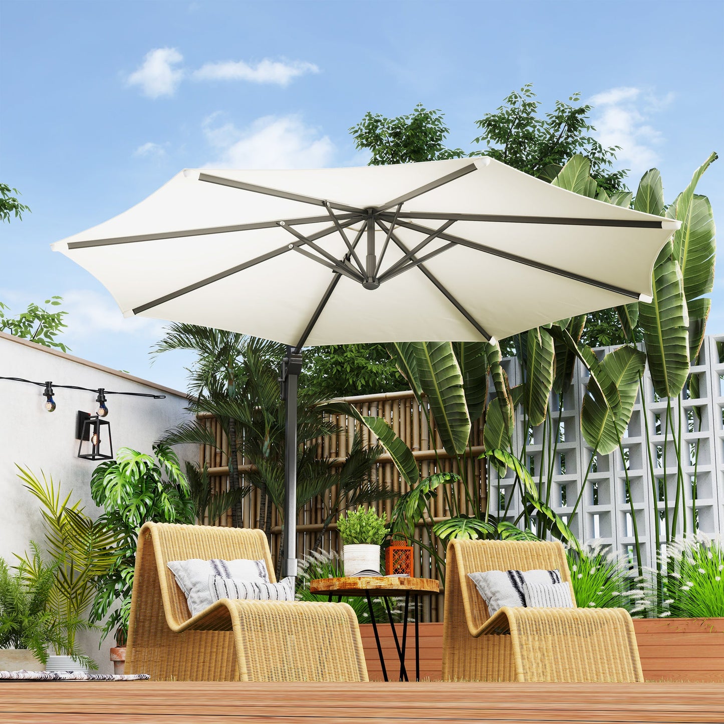 10' Cantilever Patio Umbrella with 360° Rotation and Tilt Adjustment, Hanging Offset Outdoor Umbrella with Aluminium Pole Polyester Shade for Garden Deck Pool, Cream White