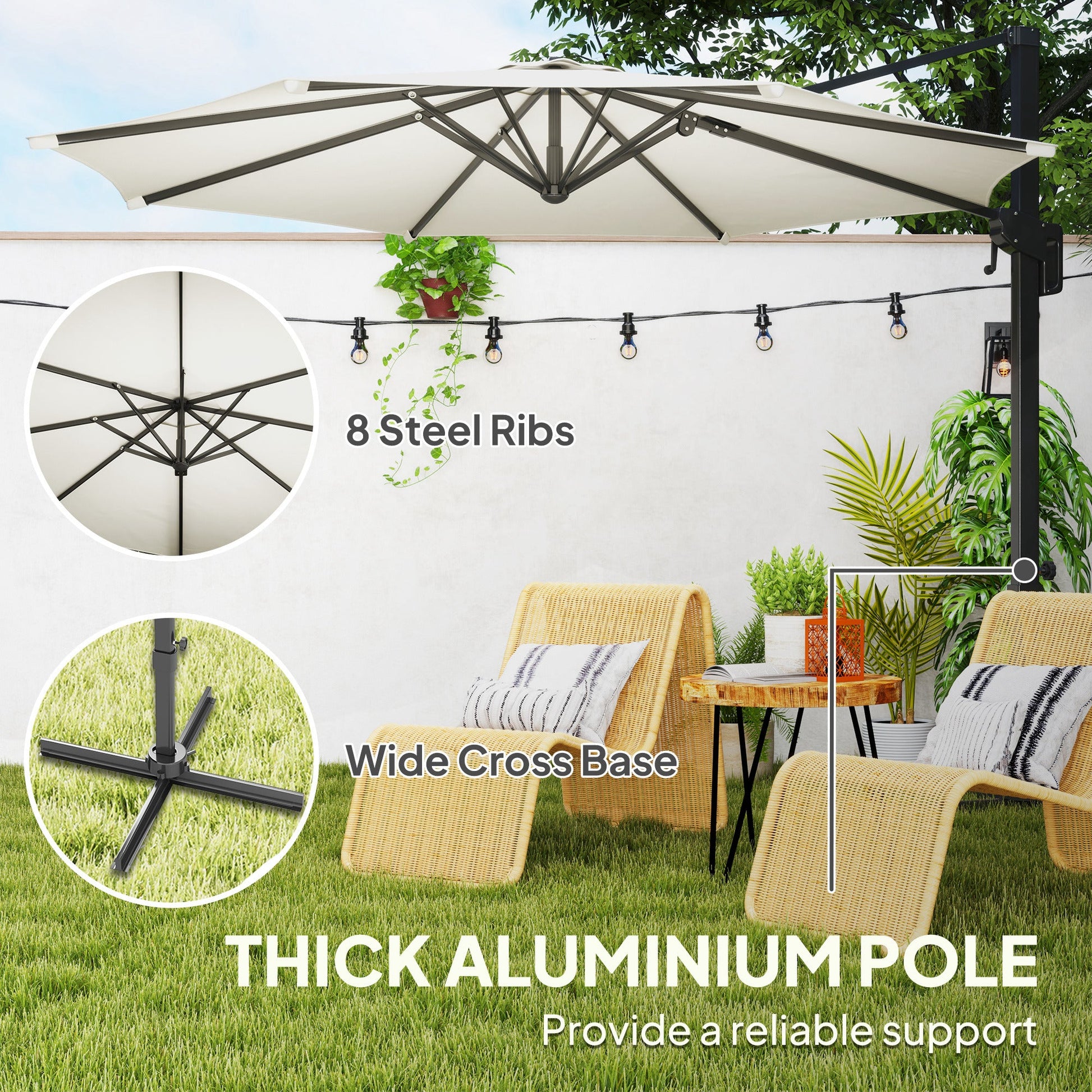 10' Cantilever Patio Umbrella with 360° Rotation and Tilt Adjustment, Hanging Offset Outdoor Umbrella with Aluminium Pole Polyester Shade for Garden Deck Pool, Cream White