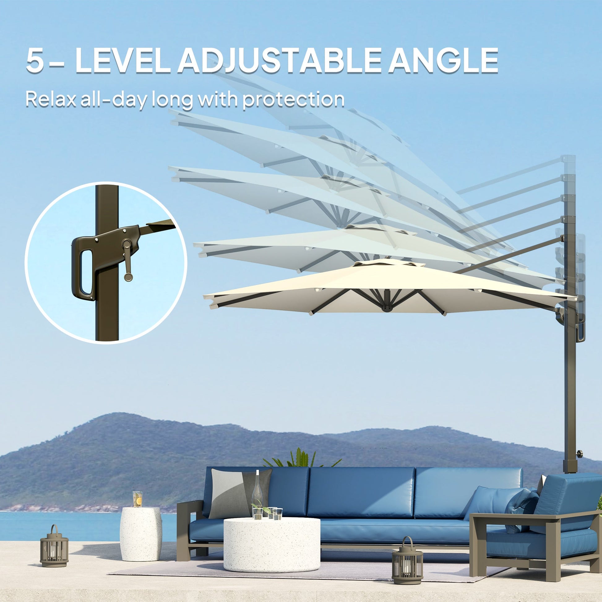 10' Cantilever Patio Umbrella with 360° Rotation and Tilt Adjustment, Hanging Offset Outdoor Umbrella with Aluminium Pole Polyester Shade for Garden Deck Pool, Cream White