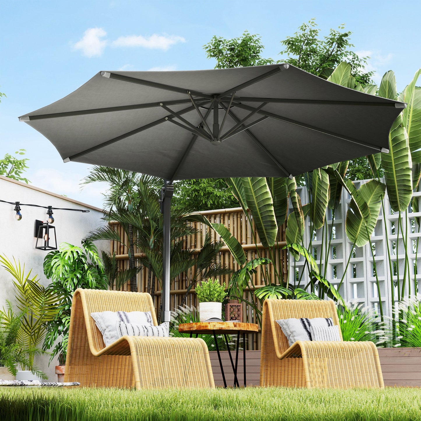 10' Cantilever Patio Umbrella with 360° Rotation and Tilt Adjustment, Hanging Offset Outdoor Umbrella with Aluminium Pole Polyester Shade for Garden Deck Pool, Grey