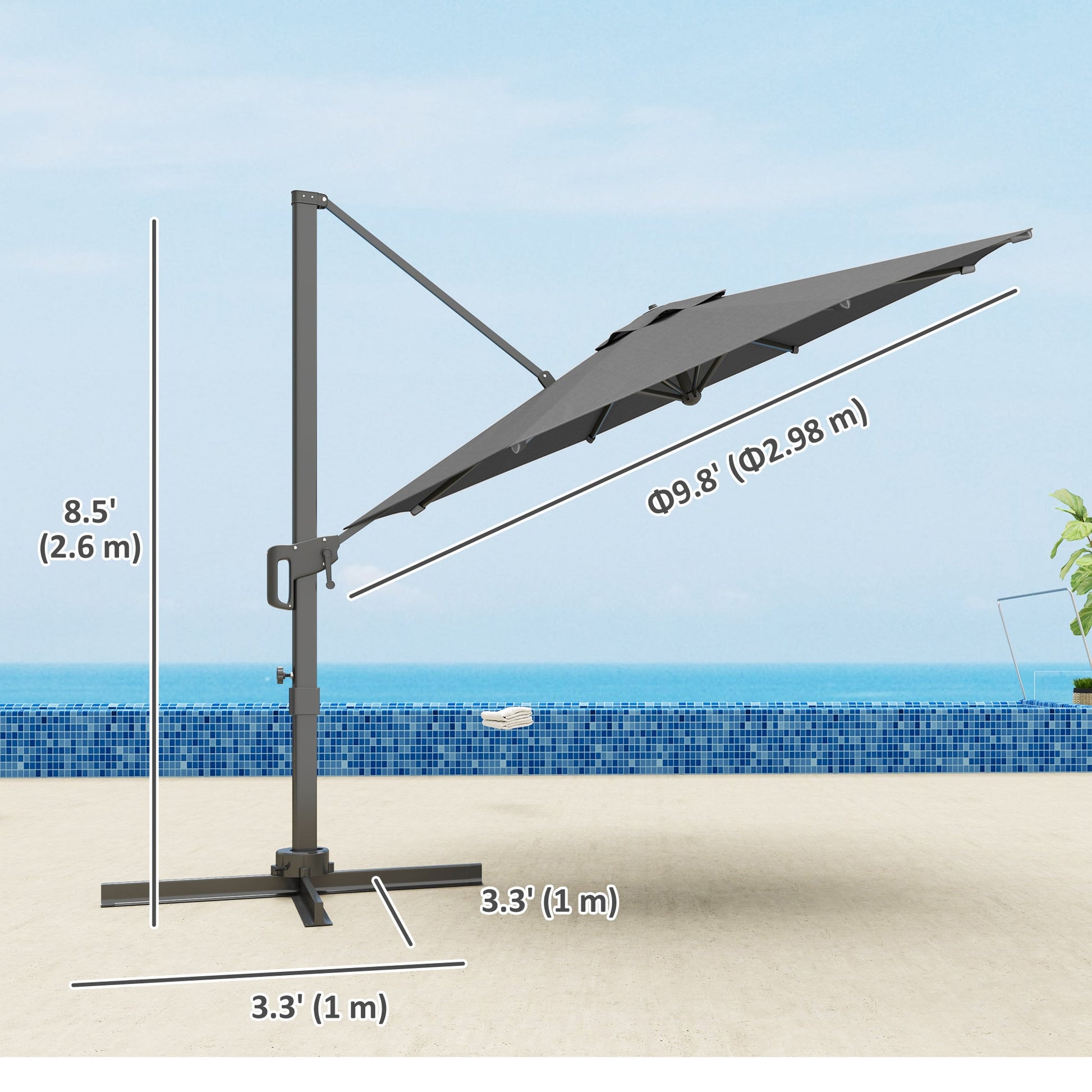 10' Cantilever Patio Umbrella with 360° Rotation and Tilt Adjustment, Hanging Offset Outdoor Umbrella with Aluminium Pole Polyester Shade for Garden Deck Pool, Grey