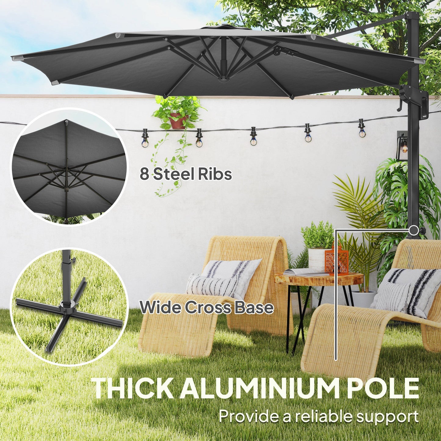 10' Cantilever Patio Umbrella with 360° Rotation and Tilt Adjustment, Hanging Offset Outdoor Umbrella with Aluminium Pole Polyester Shade for Garden Deck Pool, Grey