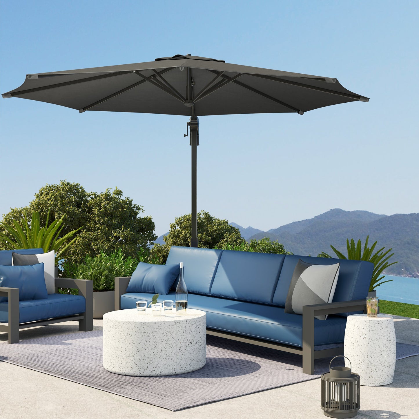 10' Cantilever Patio Umbrella with 360° Rotation and Tilt Adjustment, Hanging Offset Outdoor Umbrella with Aluminium Pole Polyester Shade for Garden Deck Pool, Grey
