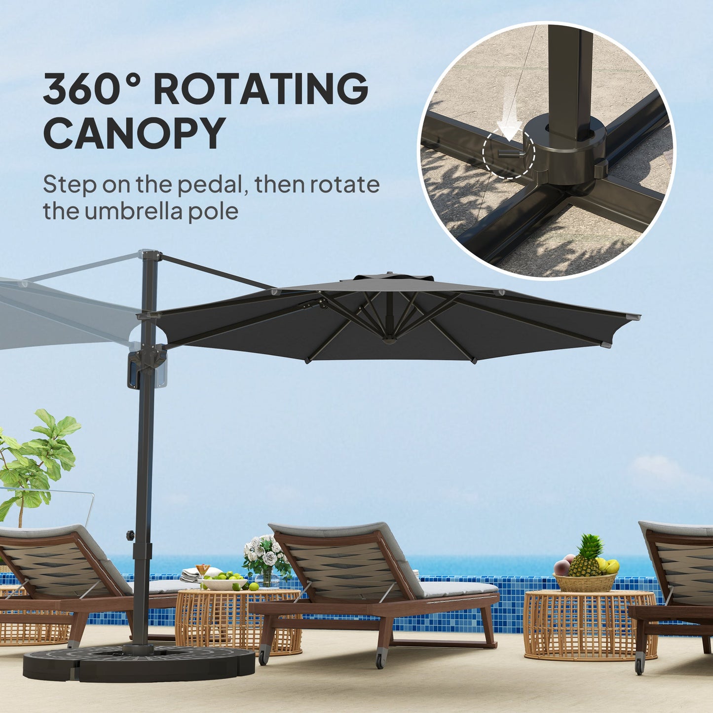 10' Cantilever Patio Umbrella with 360° Rotation and Tilt Adjustment, Hanging Offset Outdoor Umbrella with Aluminium Pole Polyester Shade for Garden Deck Pool, Grey