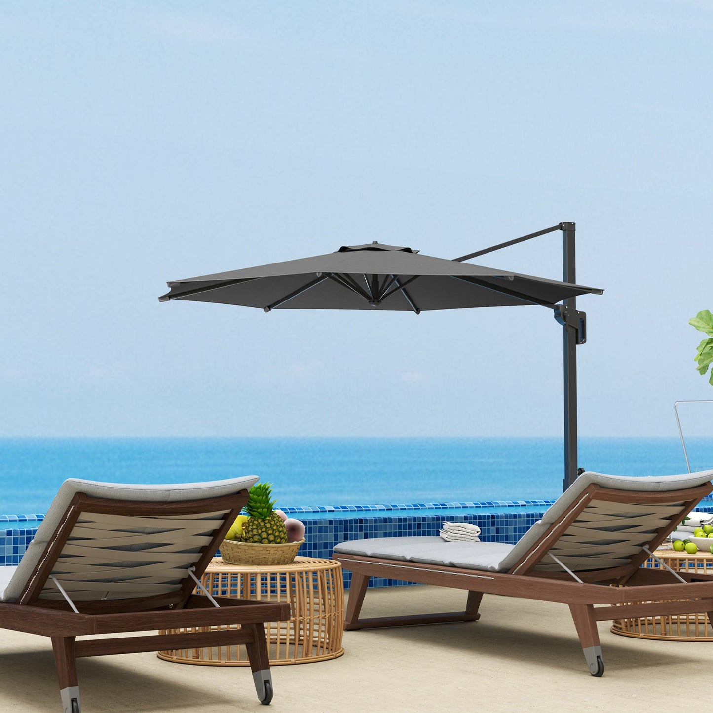 10' Cantilever Patio Umbrella with 360° Rotation and Tilt Adjustment, Hanging Offset Outdoor Umbrella with Aluminium Pole Polyester Shade for Garden Deck Pool, Grey