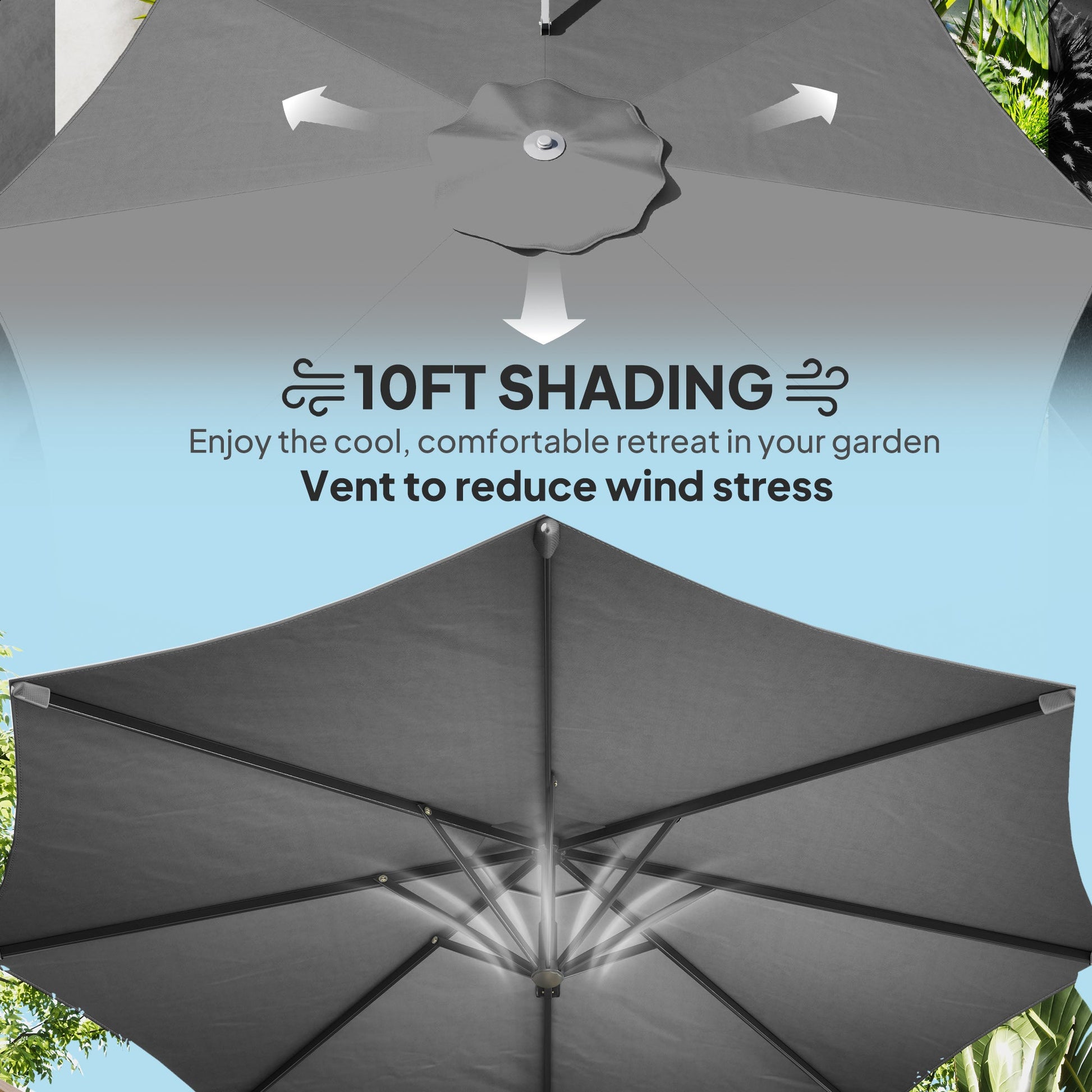 10' Cantilever Patio Umbrella with 360° Rotation and Tilt Adjustment, Hanging Offset Outdoor Umbrella with Aluminium Pole Polyester Shade for Garden Deck Pool, Grey