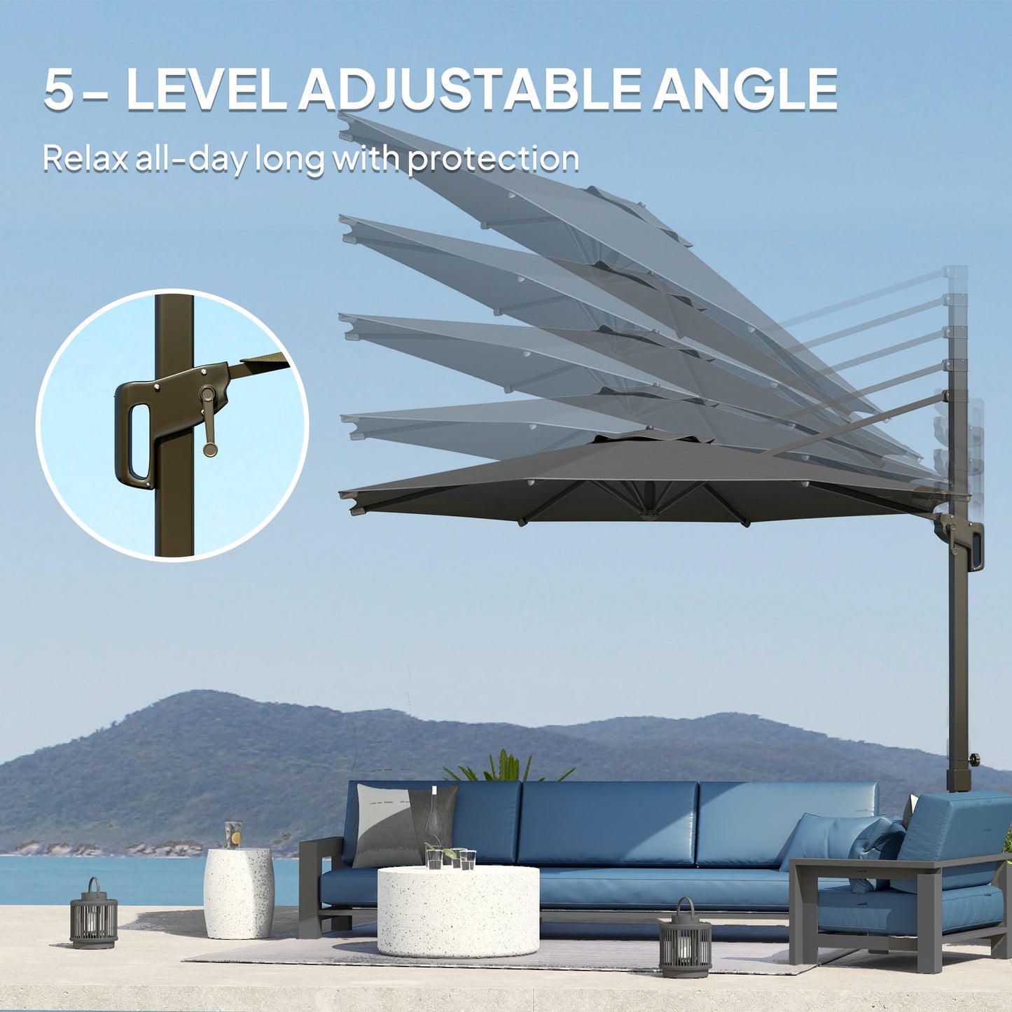 10' Cantilever Patio Umbrella with 360° Rotation and Tilt Adjustment, Hanging Offset Outdoor Umbrella with Aluminium Pole Polyester Shade for Garden Deck Pool, Grey