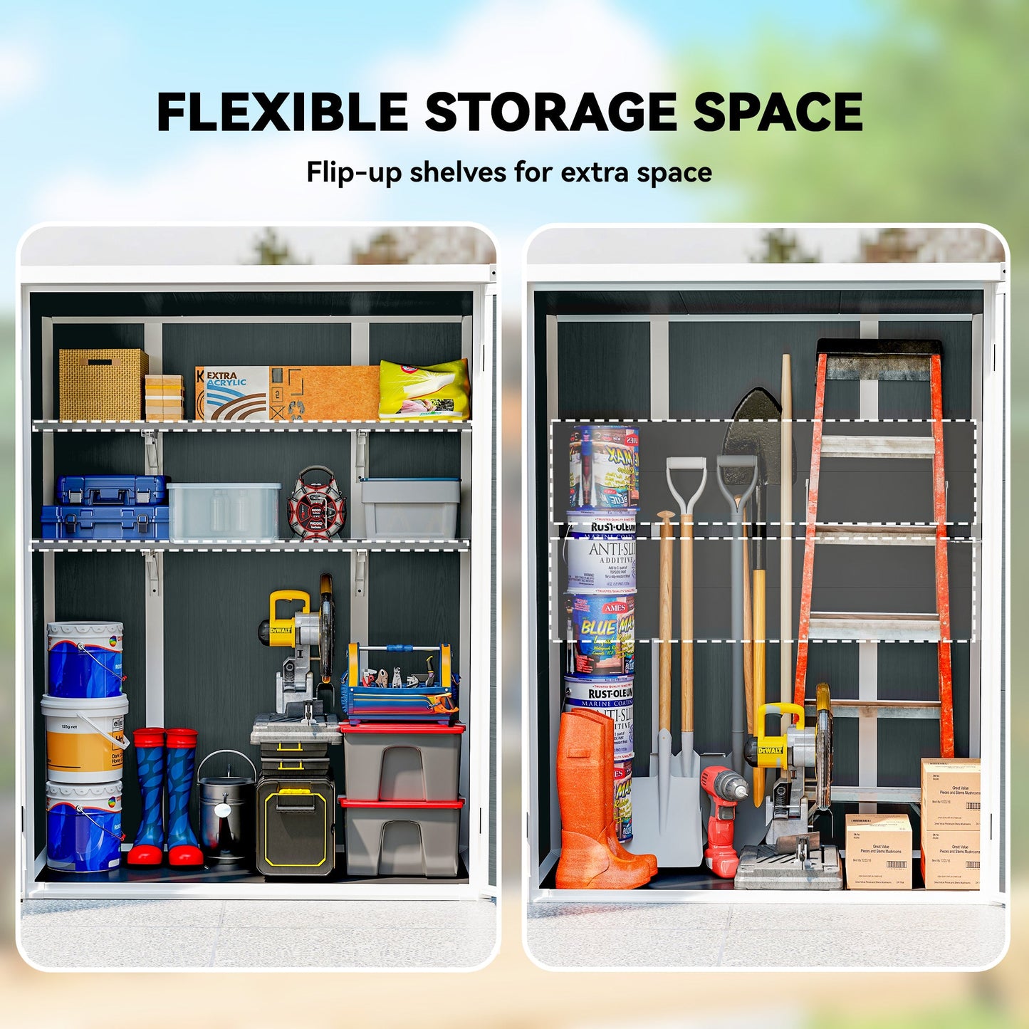 4.4' x 2.3' Plastic Garden Shed, Wood-Effect Outdoor Storage Shed with Floor, 2 Foldable Shelves and Lockable Double Doors for Backyard, Patio, Distressed Grey