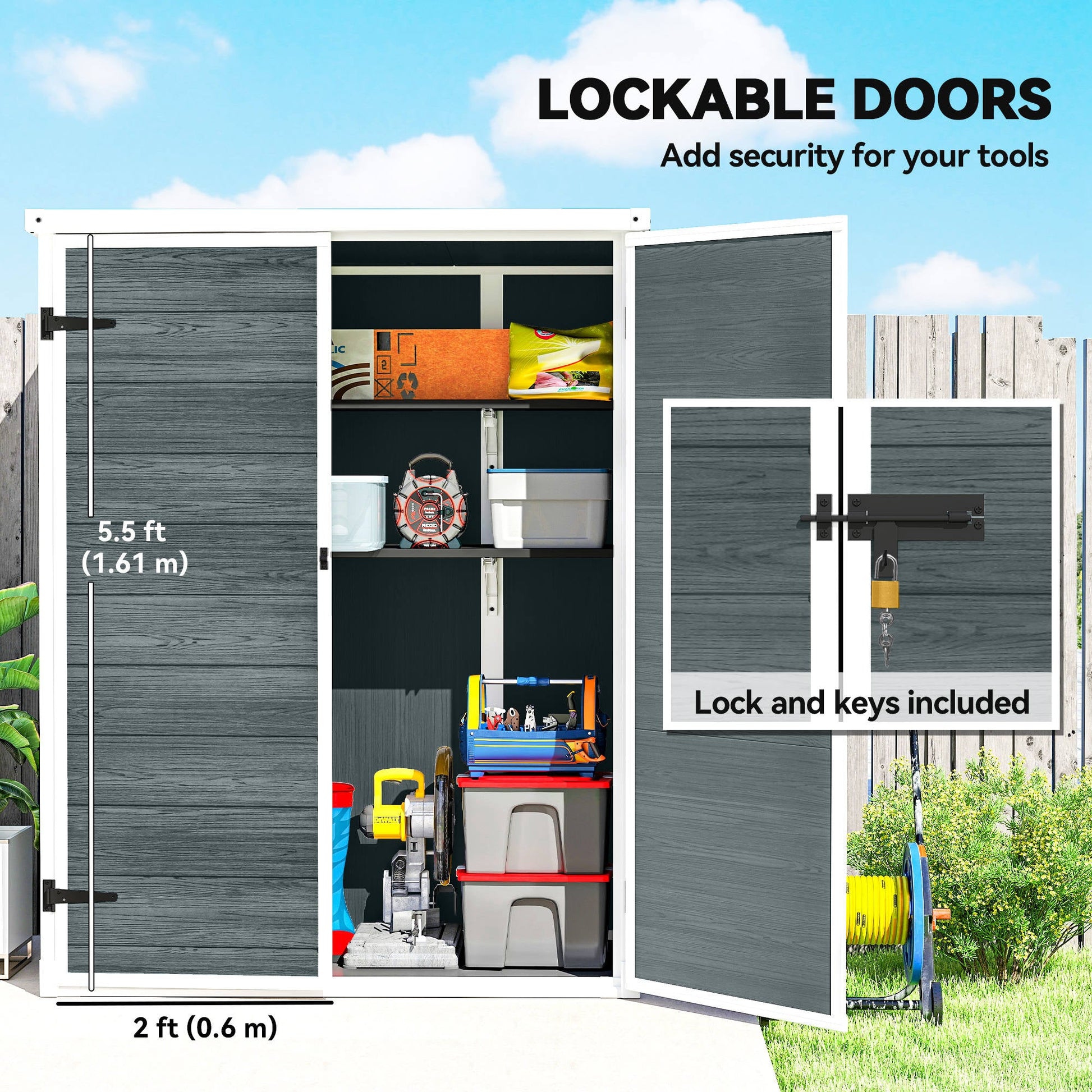 4.4' x 2.3' Plastic Garden Shed, Wood-Effect Outdoor Storage Shed with Floor, 2 Foldable Shelves and Lockable Double Doors for Backyard, Patio, Distressed Grey