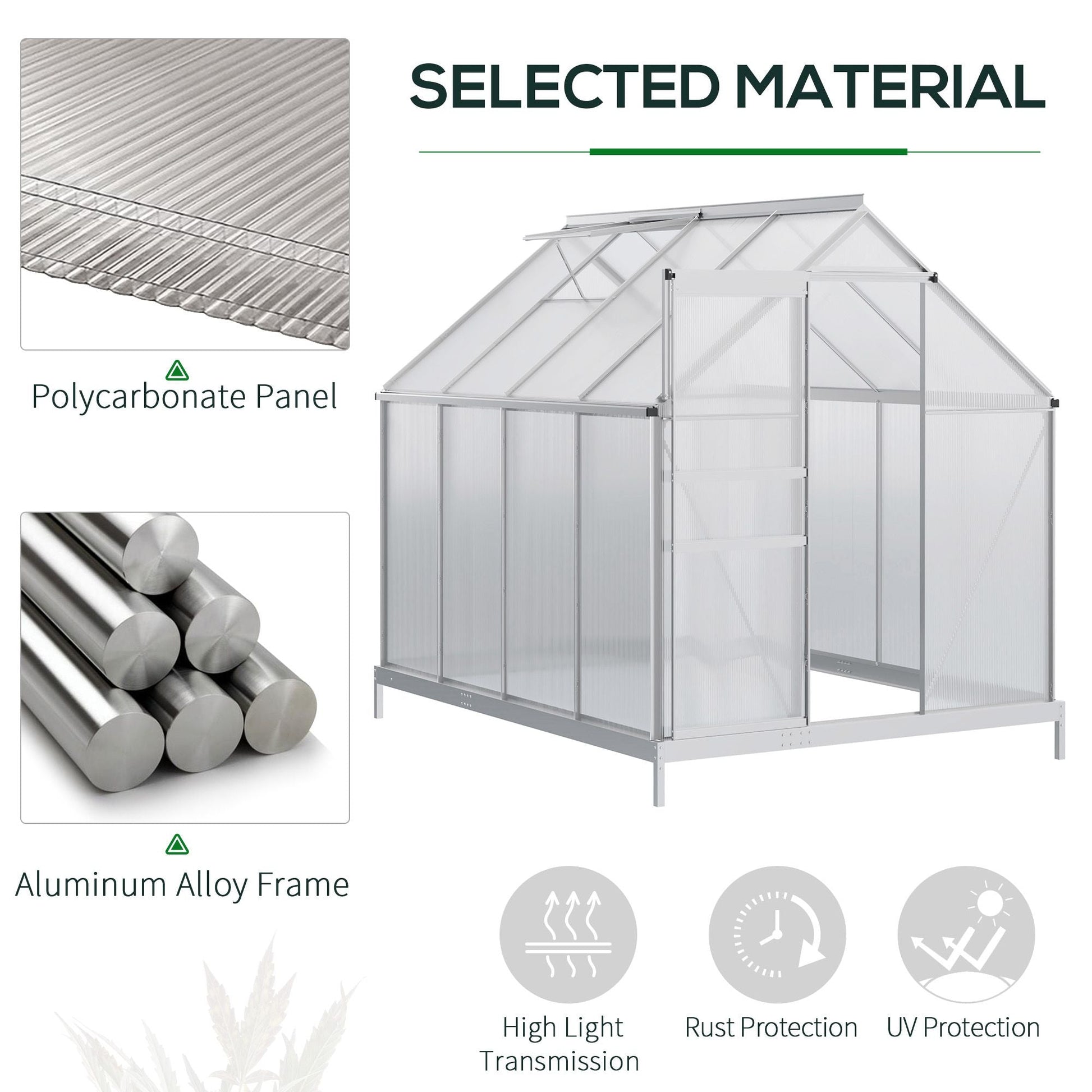 6' x 8' x 6.5' Polycarbonate Greenhouse, Walk-in Green House with Adjustable Roof Vent, Galvanized Base, Sliding Door and Rain Gutter for Outdoor, Garden, Backyard, Clear