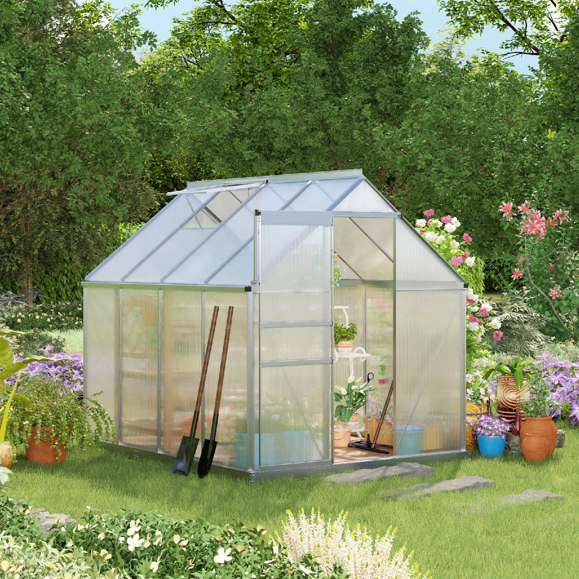 6' x 8' x 6.5' Polycarbonate Greenhouse, Walk-in Green House with Adjustable Roof Vent, Galvanized Base, Sliding Door and Rain Gutter for Outdoor, Garden, Backyard, Clear