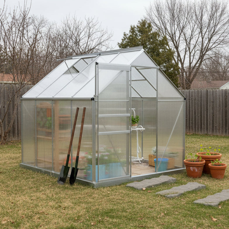 6' x 8' x 6.5' Polycarbonate Greenhouse, Walk-in Green House with Adjustable Roof Vent, Galvanized Base, Sliding Door and Rain Gutter for Outdoor, Garden, Backyard, Clear